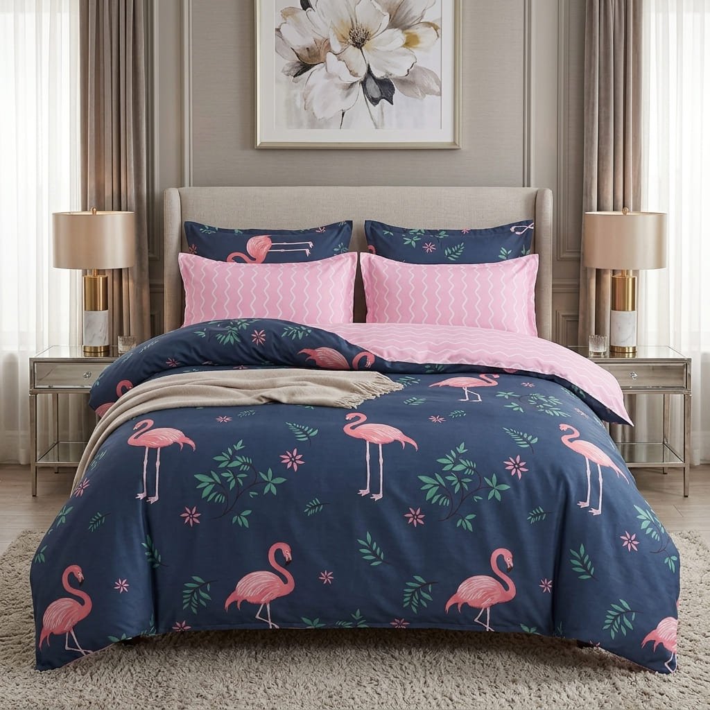 Pościel bawełniana dwustronna granatowa i różowa w flamingi Flamingo Bliss 200x220 3 el. Par C-001 - Lunatis