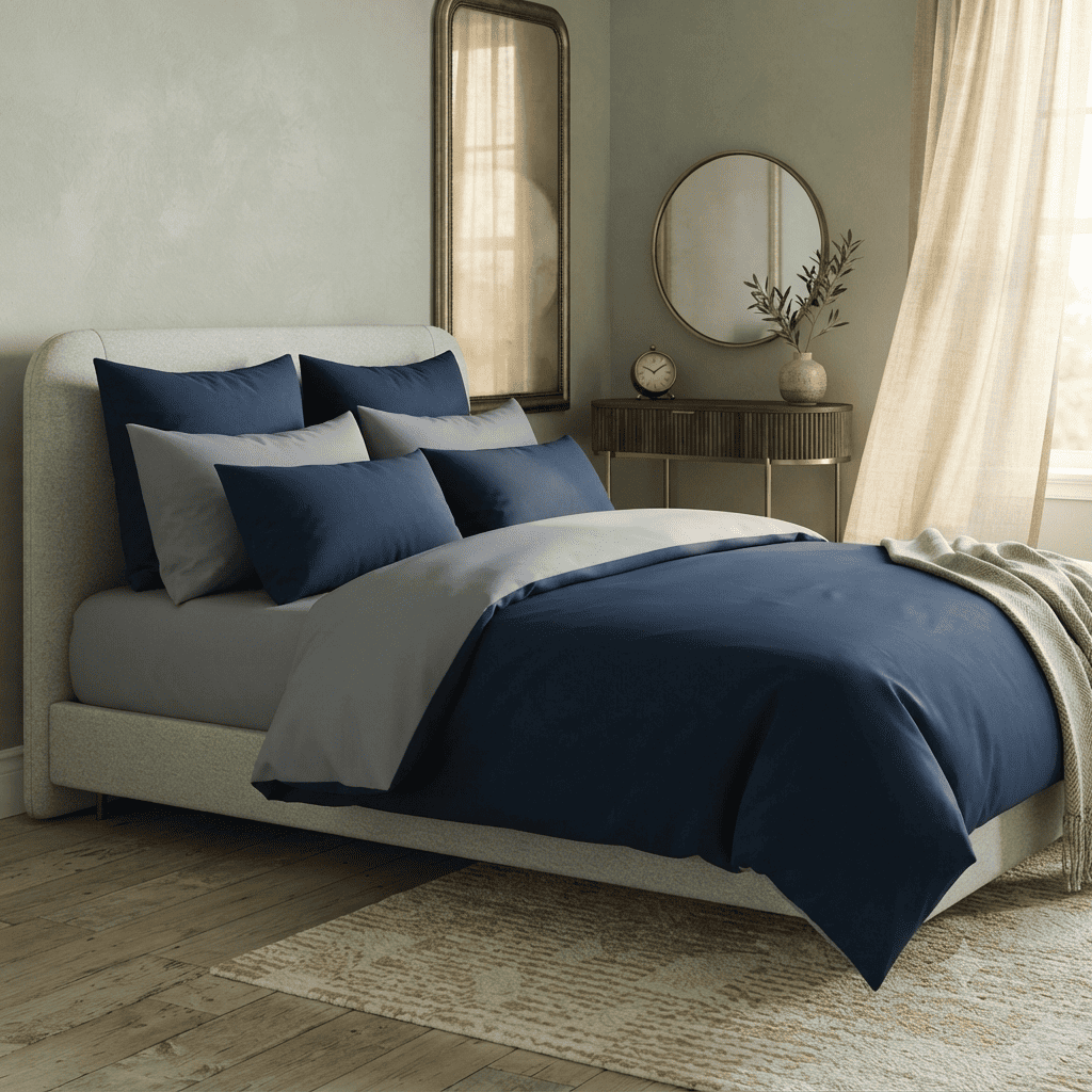 Pościel bawełniana dwustronna granatowa i szara Midnight Navy 200x220 3 el. Par S-027 - Lunatis