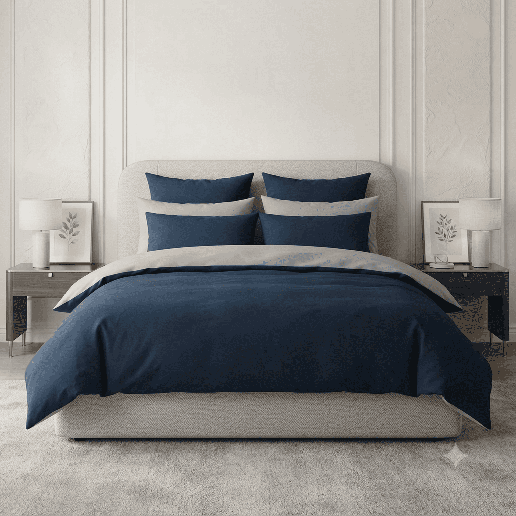 Pościel bawełniana dwustronna granatowa i szara Midnight Navy 200x220 3 el. Par S-027 - Lunatis