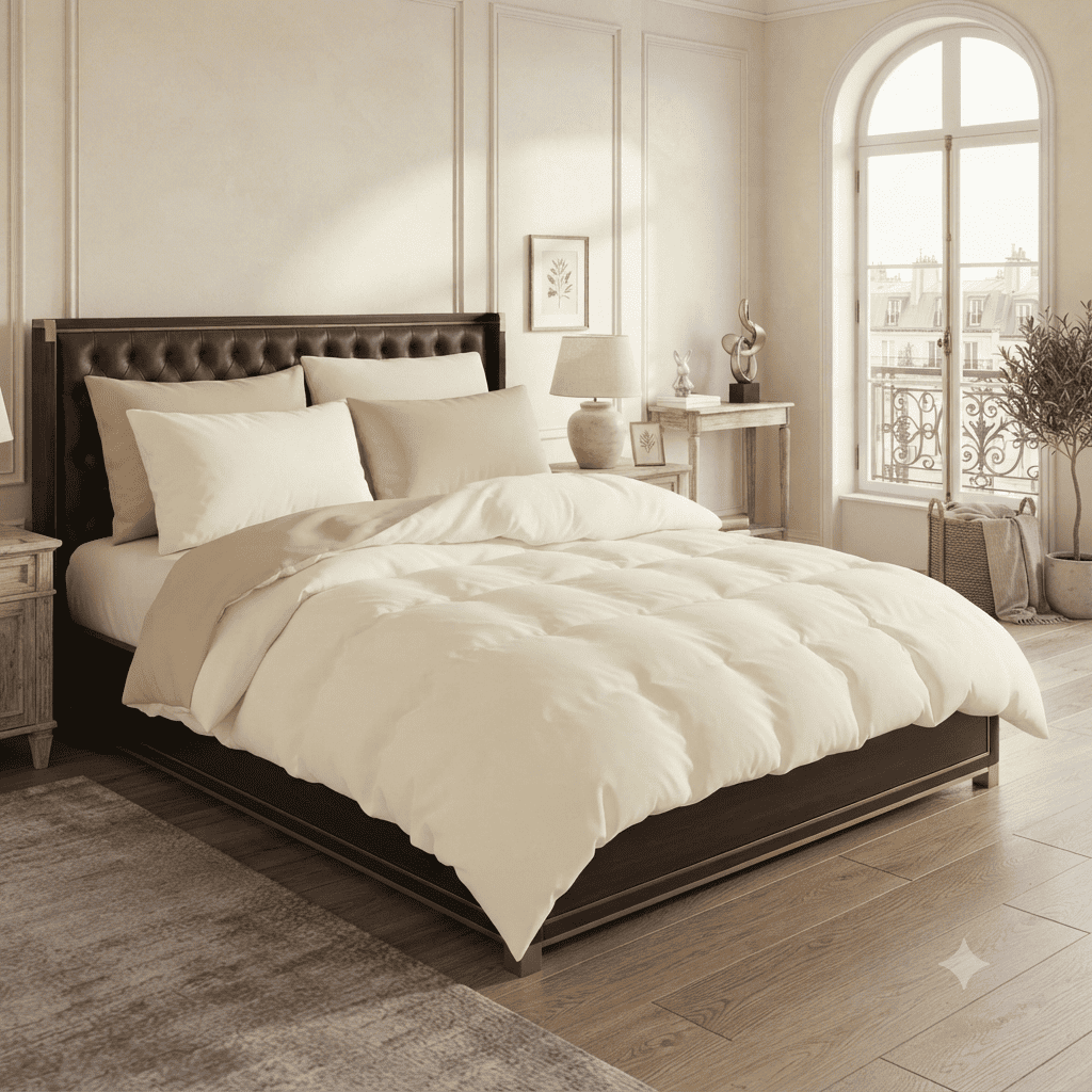 Pościel bawełniana dwustronna kremowa i beżowa Ivory Serenity 200x220 3 el. Par S-029 - Lunatis