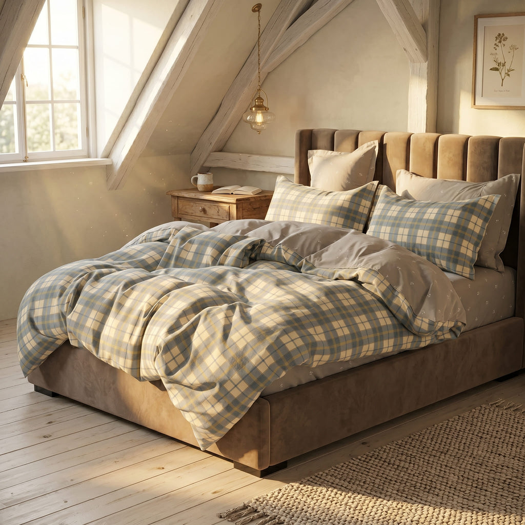 Pościel bawełniana dwustronna kremowa niebieska beżowa w kratę 200x220 3 el. Lunaro Soft Tartan m1808 - Lunatis