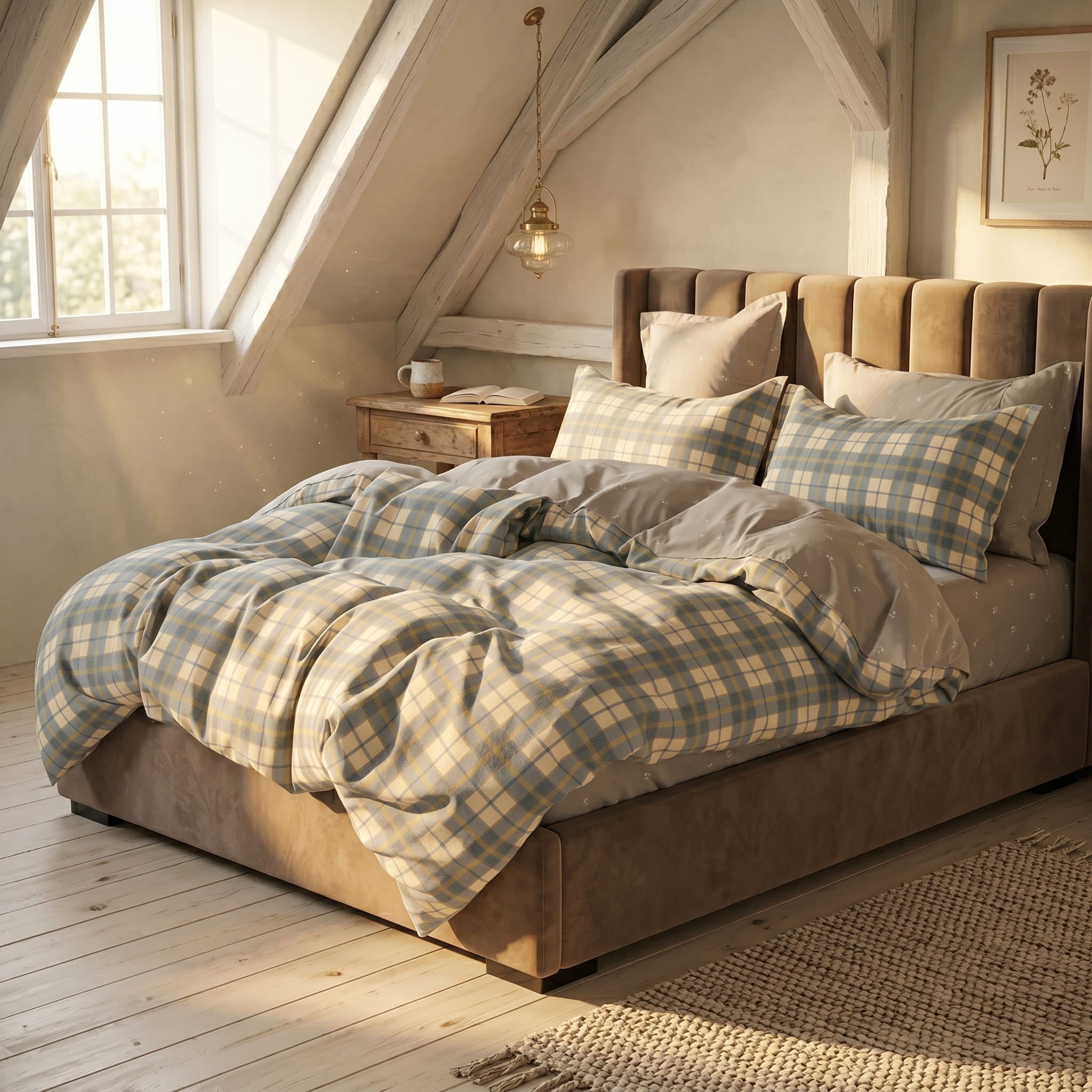 Pościel bawełniana dwustronna kremowa niebieska beżowa w kratę 200x220 3 el. Lunaro Soft Tartan m1808 - Lunatis