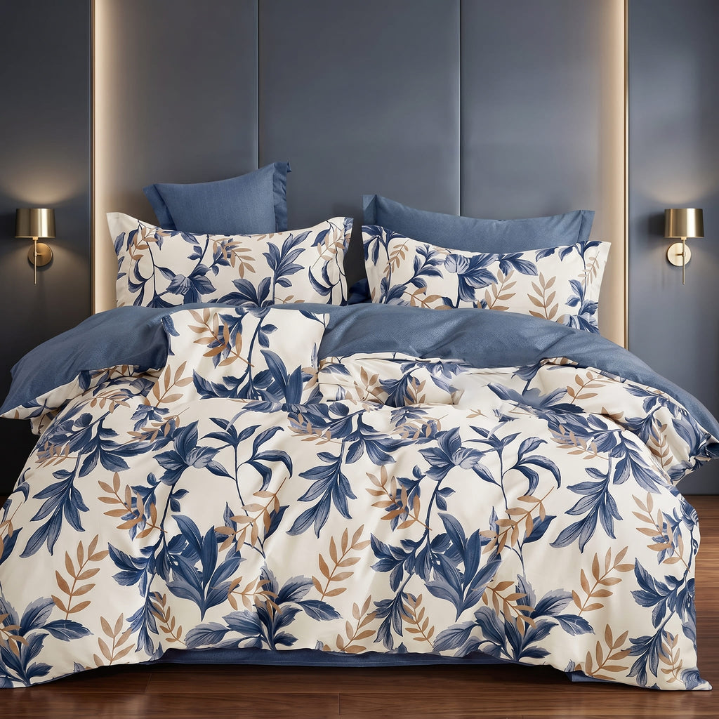 Pościel bawełniana dwustronna kremowa niebieska w liście 200x220 3 el. Blue Velvet Flora m1879 - Lunatis