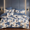 Pościel bawełniana dwustronna kremowa niebieska w liście 200x220 3 el. Blue Velvet Flora m1879 - Lunatis
