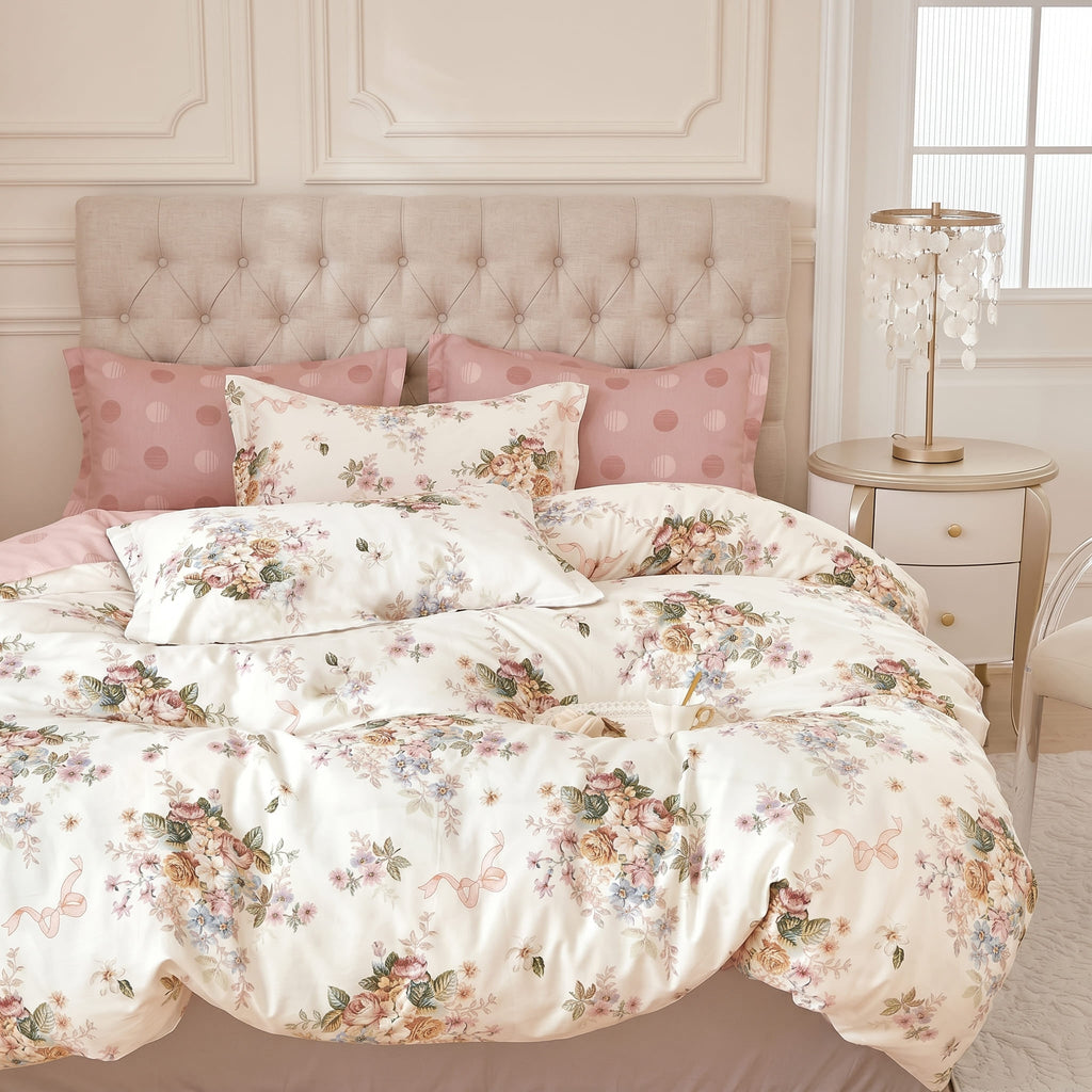 Pościel bawełniana dwustronna kremowa różowa w kwiaty 200x220 3 el. Elorisse Blush Garden m1761 - Lunatis