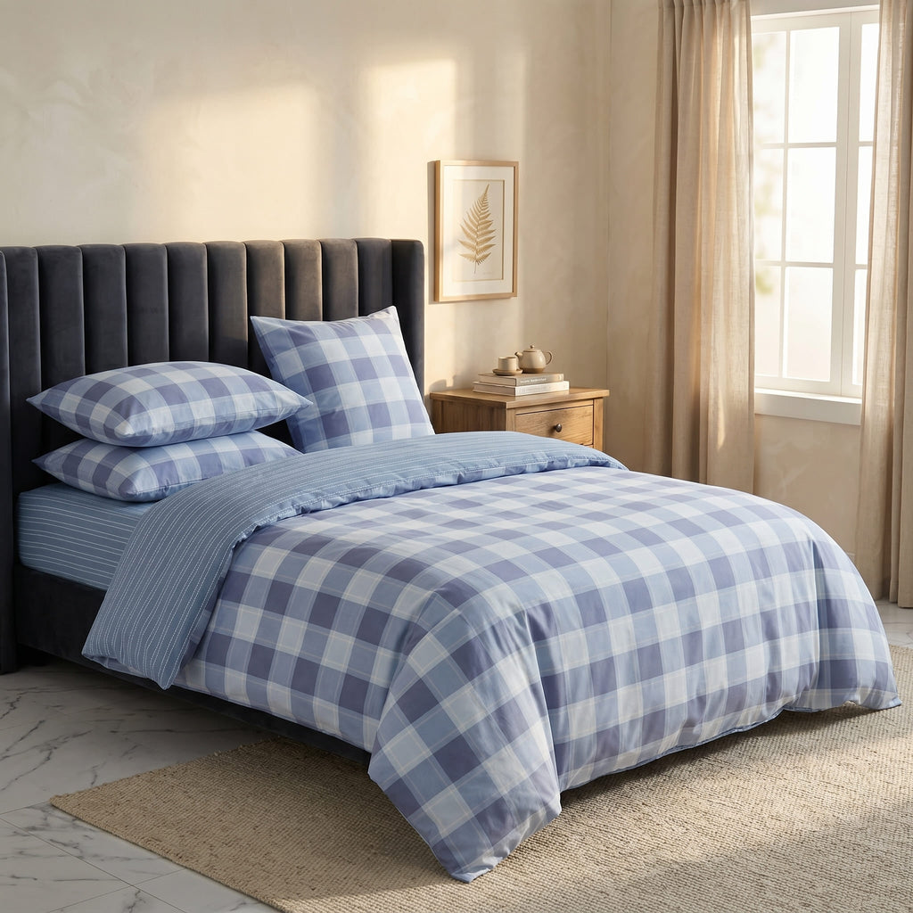 Pościel bawełniana dwustronna niebieska w kratę 200x220 3 el. Bluemont Classic Check m1805 - Lunatis