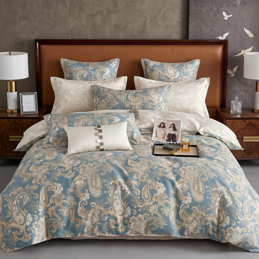 Pościel bawełniana dwustronna niebieska złota w ornament paisley 160x200 3 el. Royal Paisley Azure m1877 - Lunatis