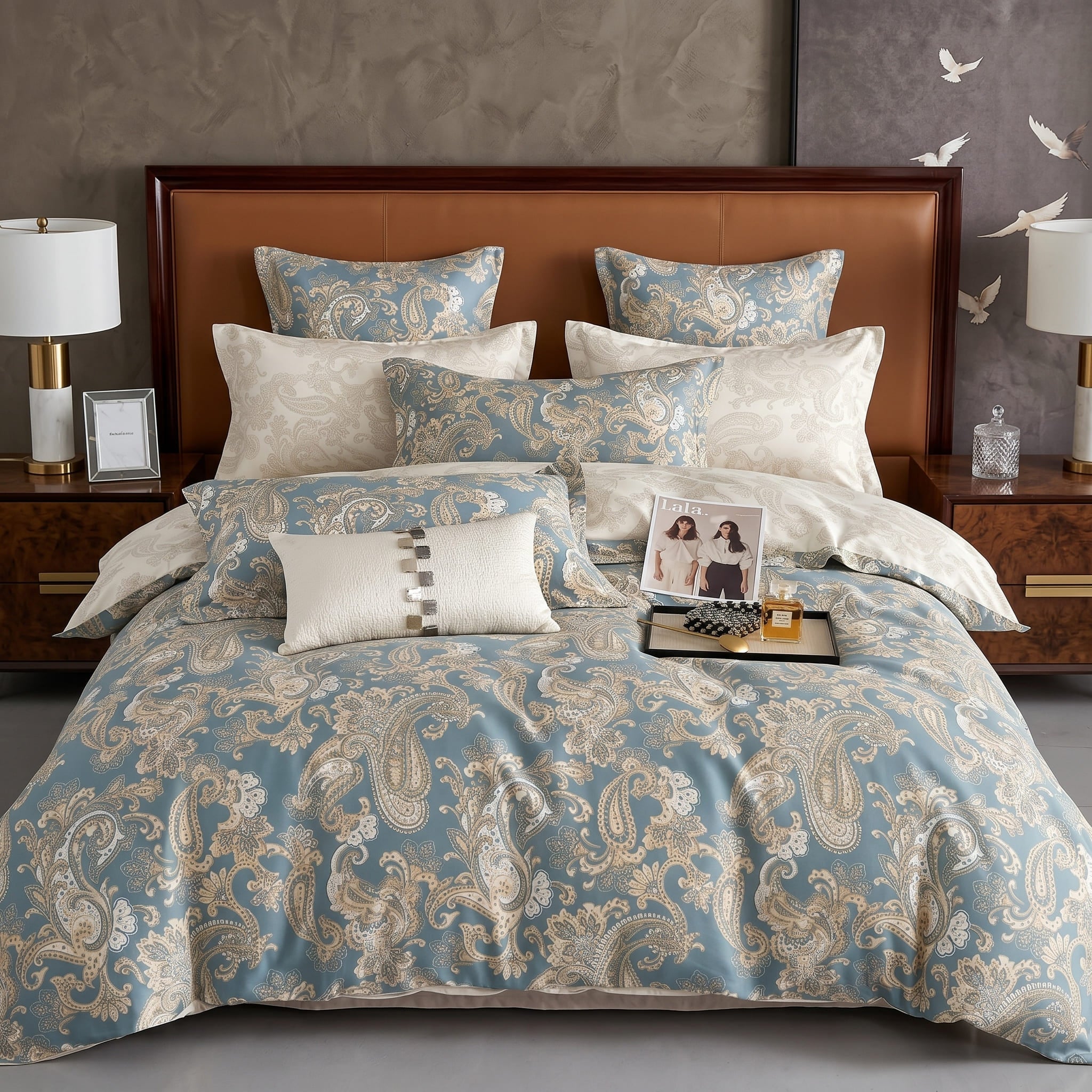 Pościel bawełniana dwustronna niebieska złota w ornament paisley 160x200 3 el. Royal Paisley Azure m1877 - Lunatis