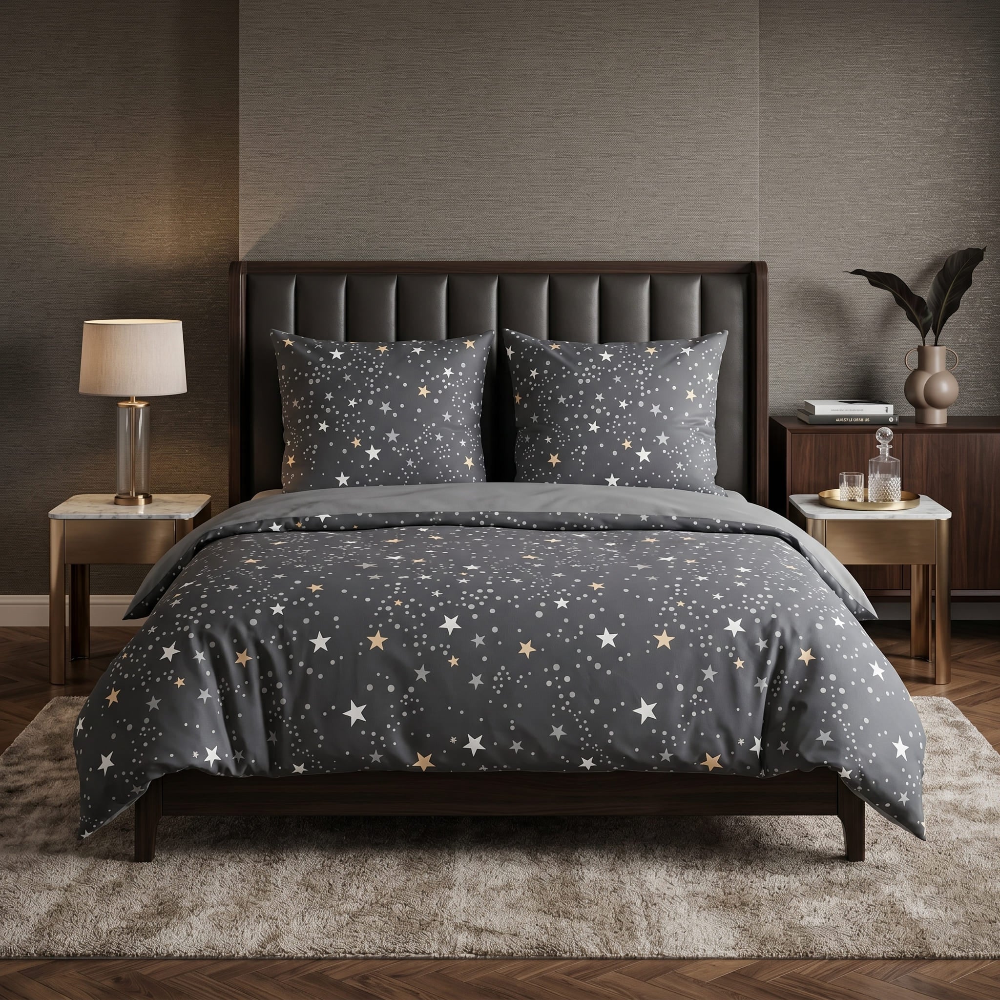 Pościel bawełniana dwustronna szara grafitowa w gwiazdki 160x200 3 el. Moonlight Stardust m1868 - Lunatis