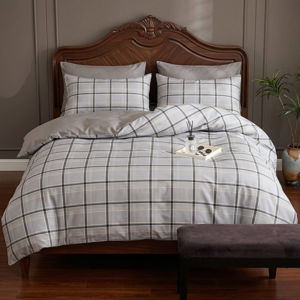 Pościel bawełniana dwustronna szara w kratę 200x220 3 el. Grantham Elegance Check m1777 - Lunatis