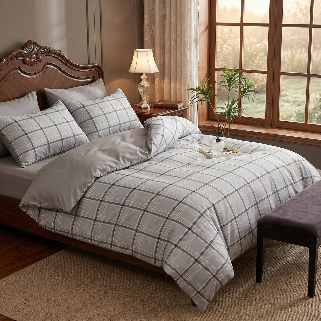 Pościel bawełniana dwustronna szara w kratę 200x220 3 el. Grantham Elegance Check m1777 - Lunatis