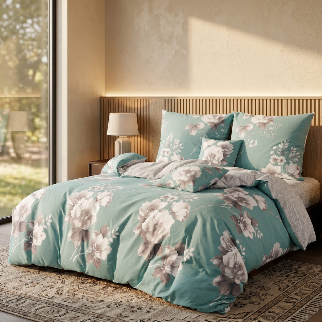 Pościel bawełniana dwustronna szaro niebieska w kwiaty 160x200 3 el. Juventa m1736 - Lunatis