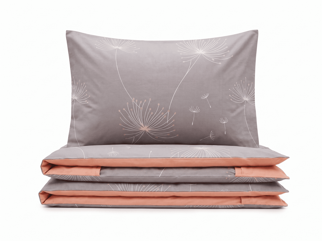 Pościel bawełniana dwustronna szaro różowa w dmuchawce 200x220 3 el. m1138 - Lunatis