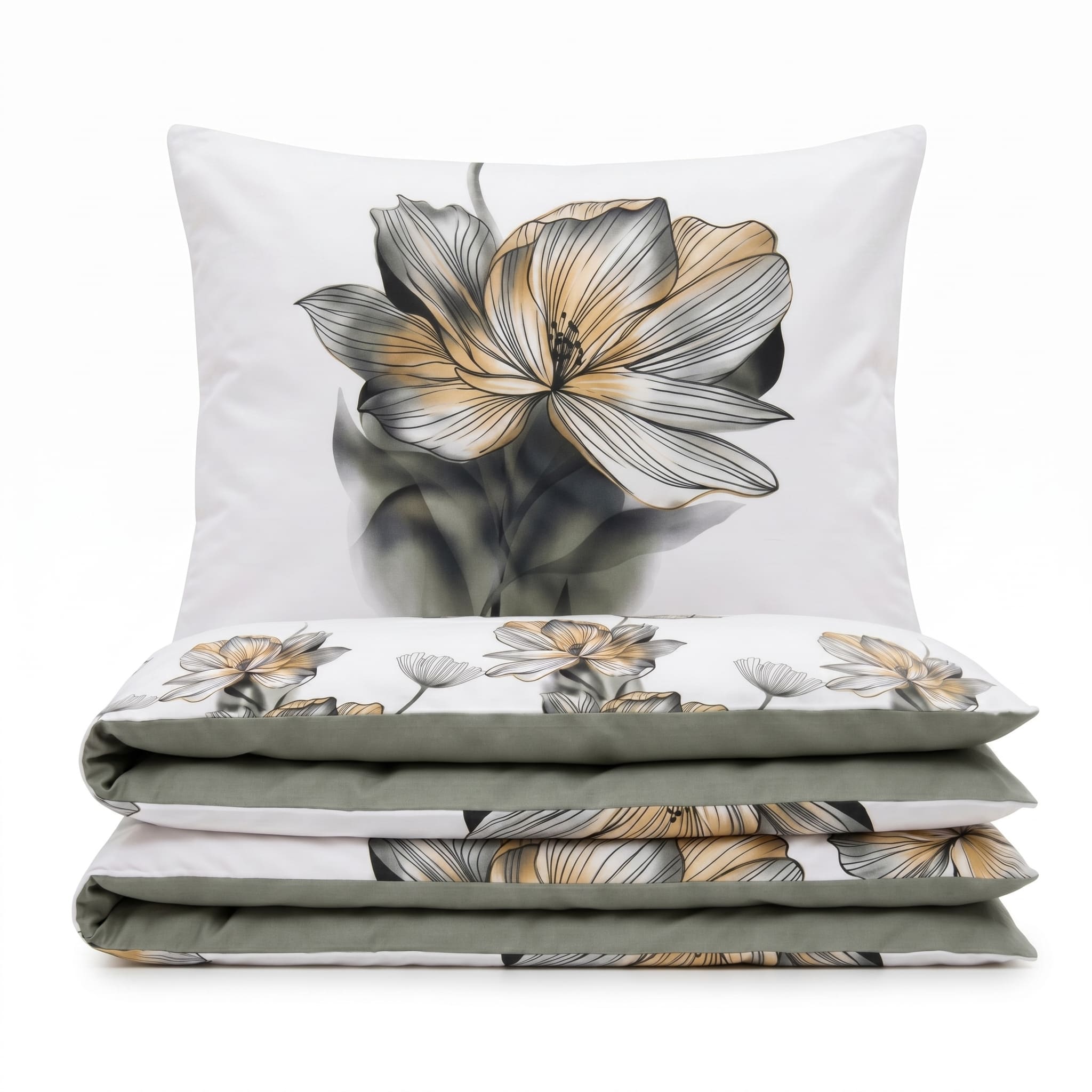 Pościel bawełniana dwustronna szary biały w kwiaty magnolii 160x200 3 el. Silver Magnolia m1989 - Lunatis