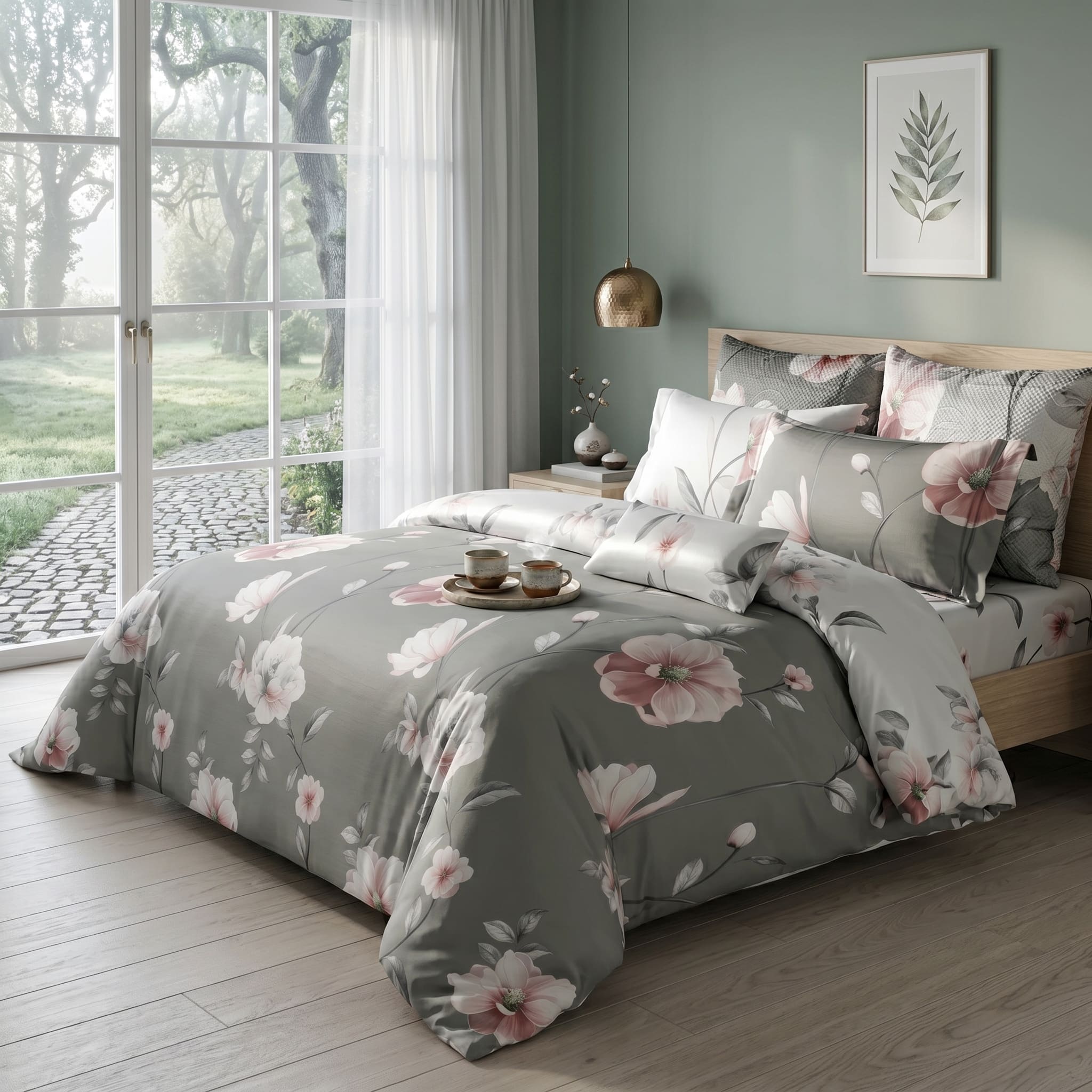 Pościel bawełniana dwustronna szary srebrny w kwiaty 200x220 3 el. Silver Blossom m1896 - Lunatis