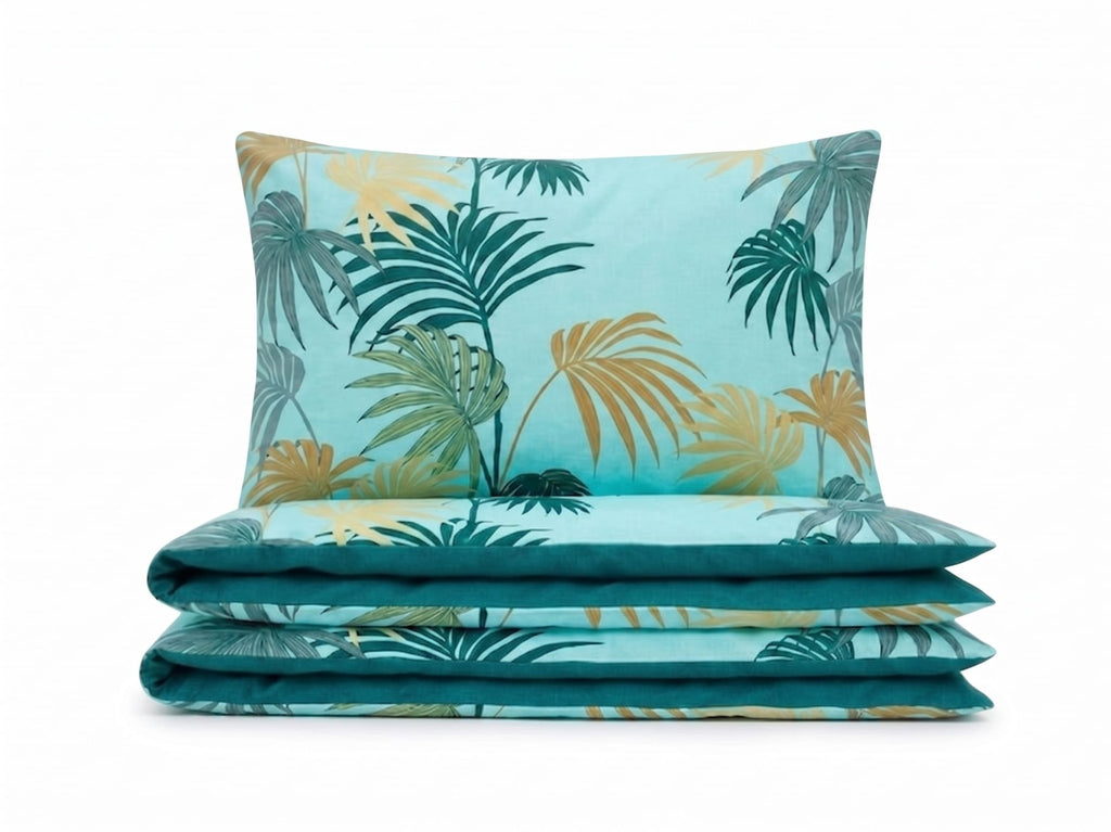 Pościel bawełniana dwustronna turkus szary w liście 200x220 3 el. Palm Breeze m1595 - Lunatis