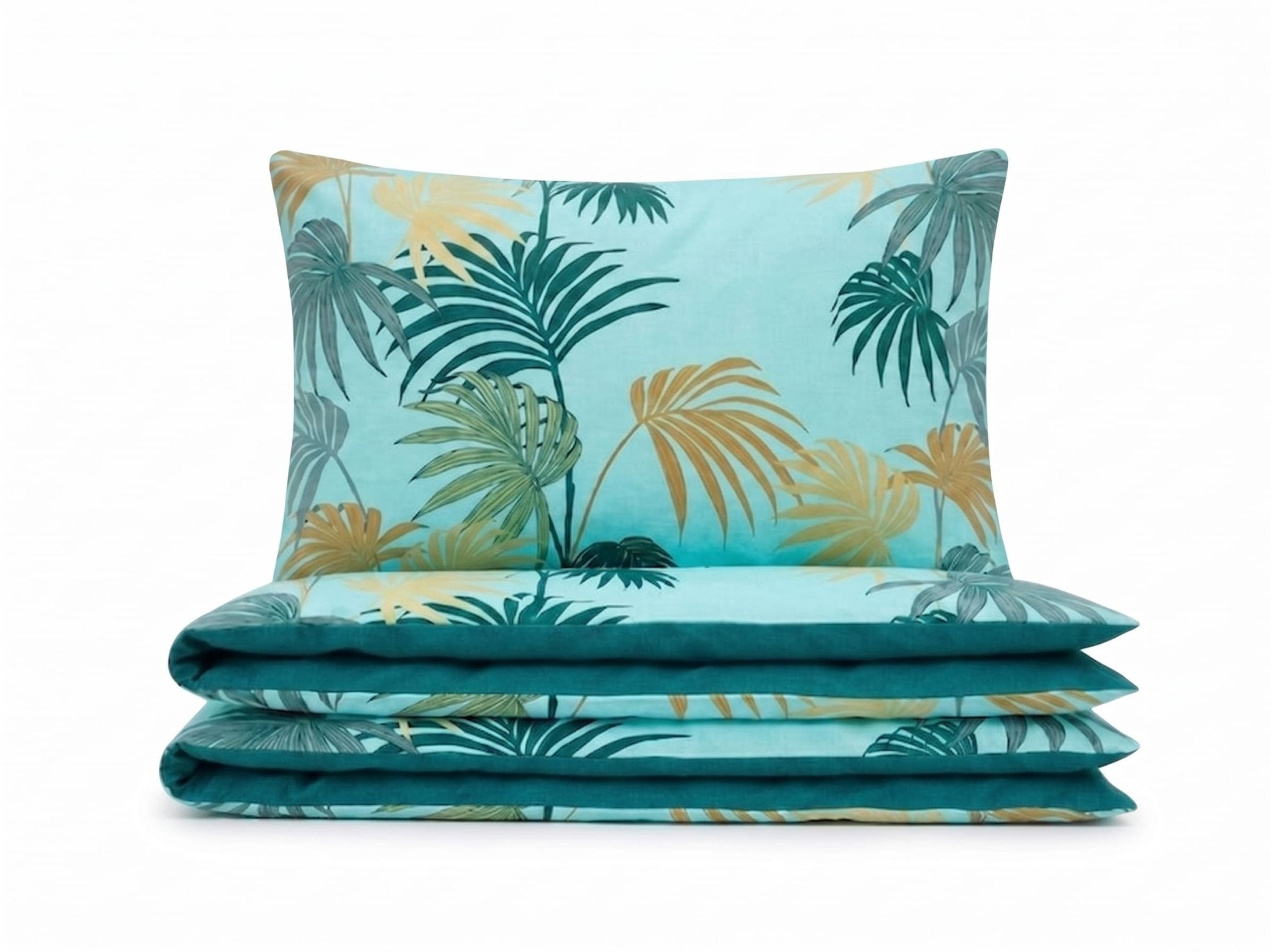Pościel bawełniana dwustronna turkus szary w liście 200x220 3 el. Palm Breeze m1595 - Lunatis