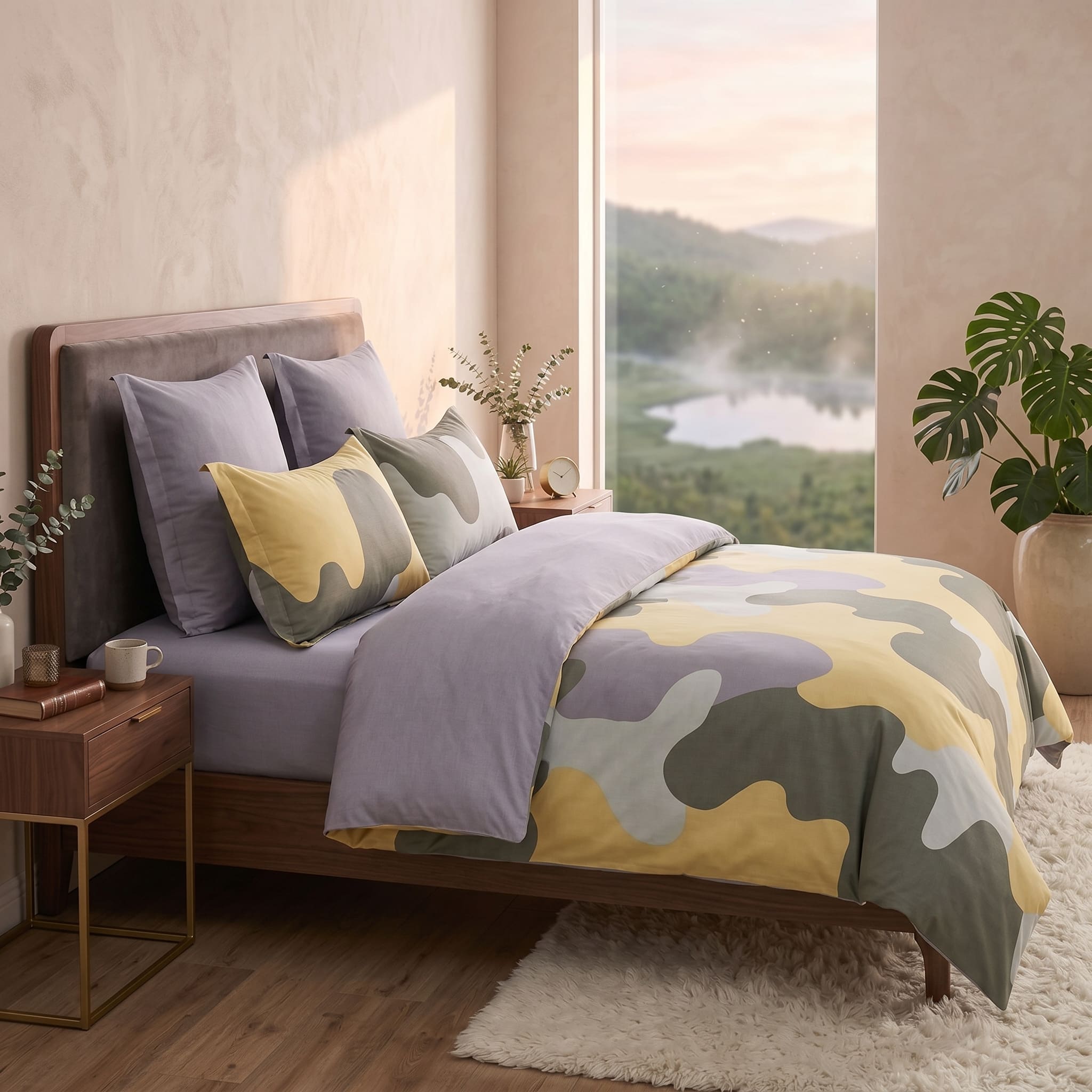 Pościel bawełniana dwustronna zielono żółta abstrakcja i szara 200x220 3 el. Modern Camo m1543 - Lunatis