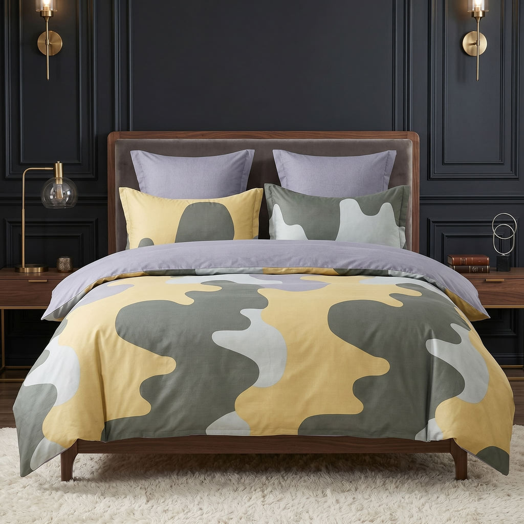 Pościel bawełniana dwustronna zielono żółta abstrakcja i szara 200x220 3 el. Modern Camo m1543 - Lunatis
