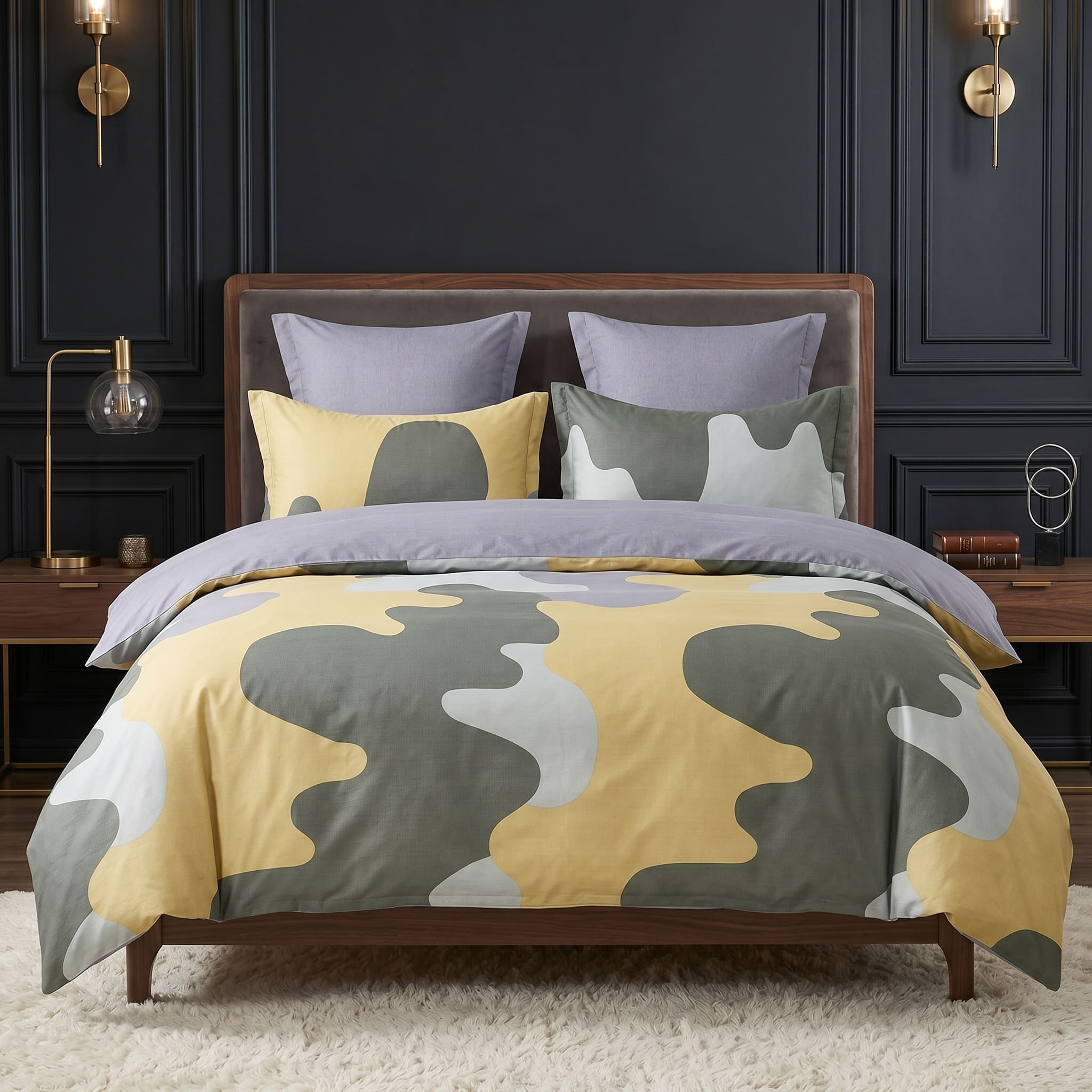 Pościel bawełniana dwustronna zielono żółta abstrakcja i szara 200x220 3 el. Modern Camo m1543 - Lunatis