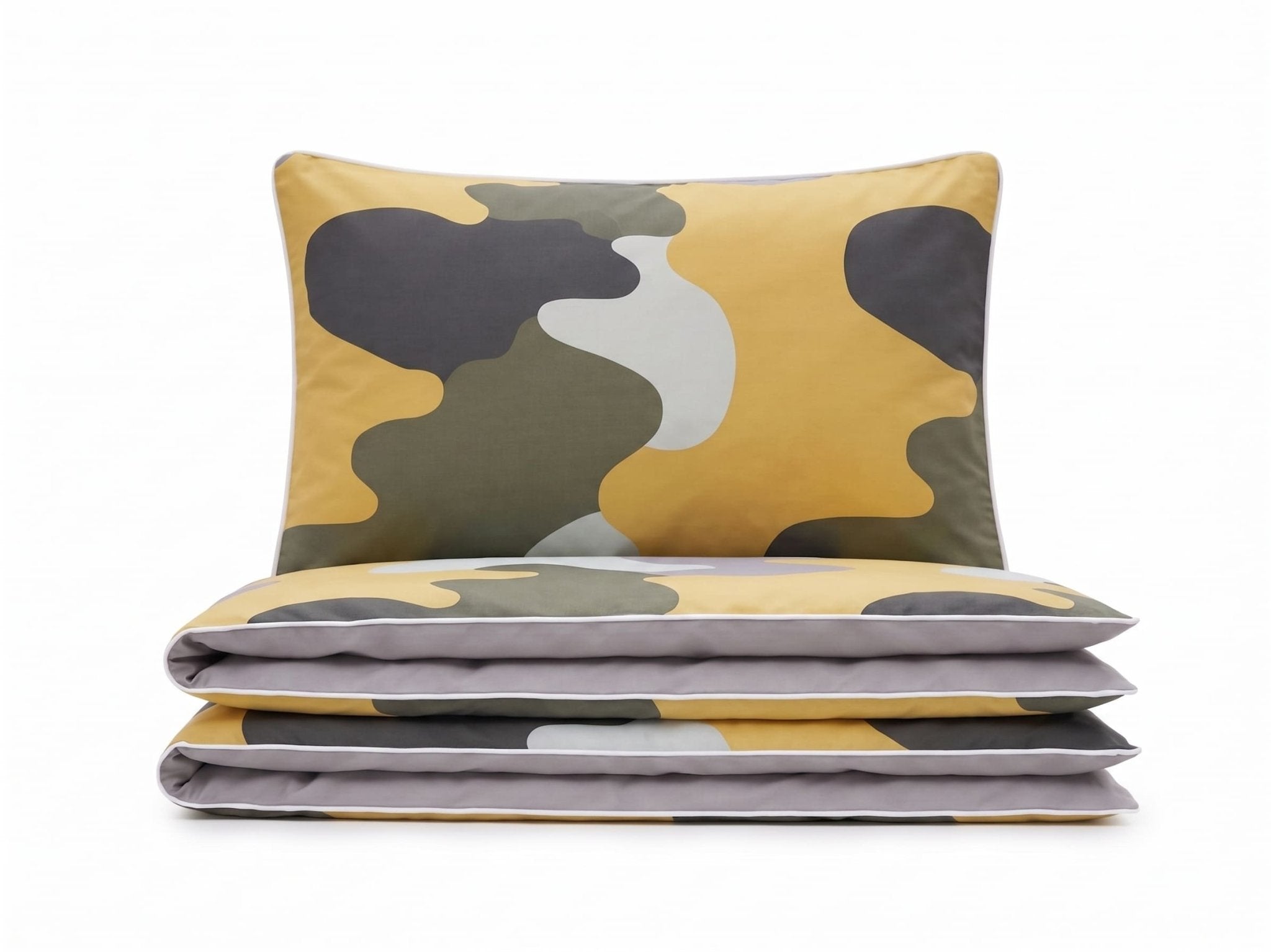Pościel bawełniana dwustronna zielono żółta abstrakcja i szara 200x220 3 el. Modern Camo m1543 - Lunatis