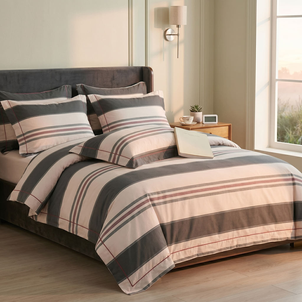 Pościel bawełniana kremowa beżowa w pasy 160x200 3 el. Lunavelle Blush Stripes m1831 - Lunatis
