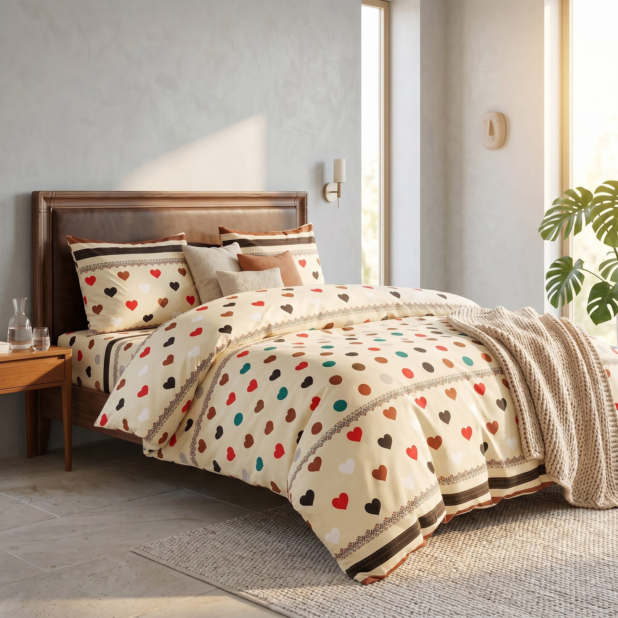 Pościel bawełniana kremowa w serca i kropki 200x220 3 el. Rustic Amore m1589 - Lunatis