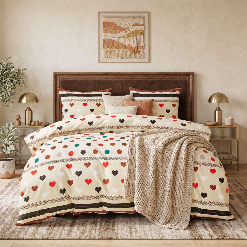 Pościel bawełniana kremowa w serca i kropki 200x220 3 el. Rustic Amore m1589 - Lunatis