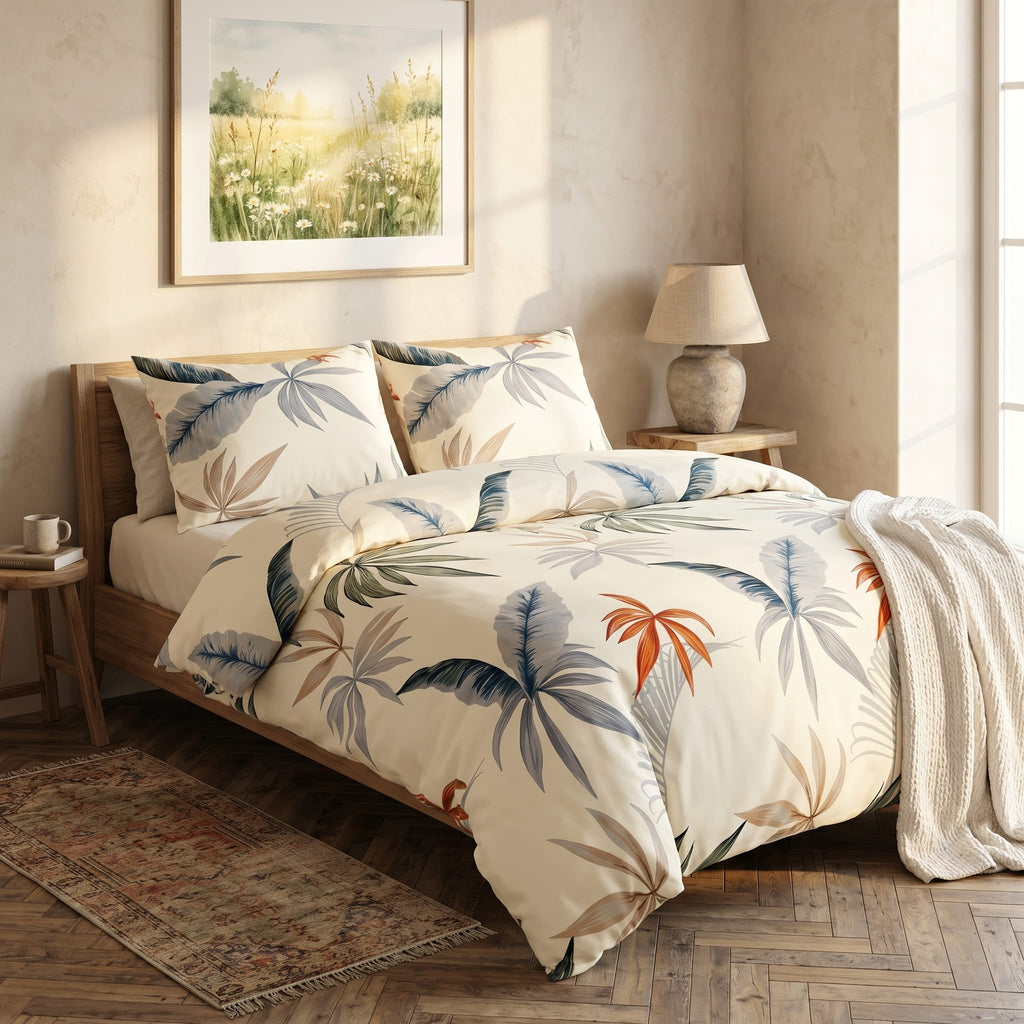 Pościel bawełniana kremowy w liście 200x220 3 el. Tropical Serenade m1593 - Lunatis