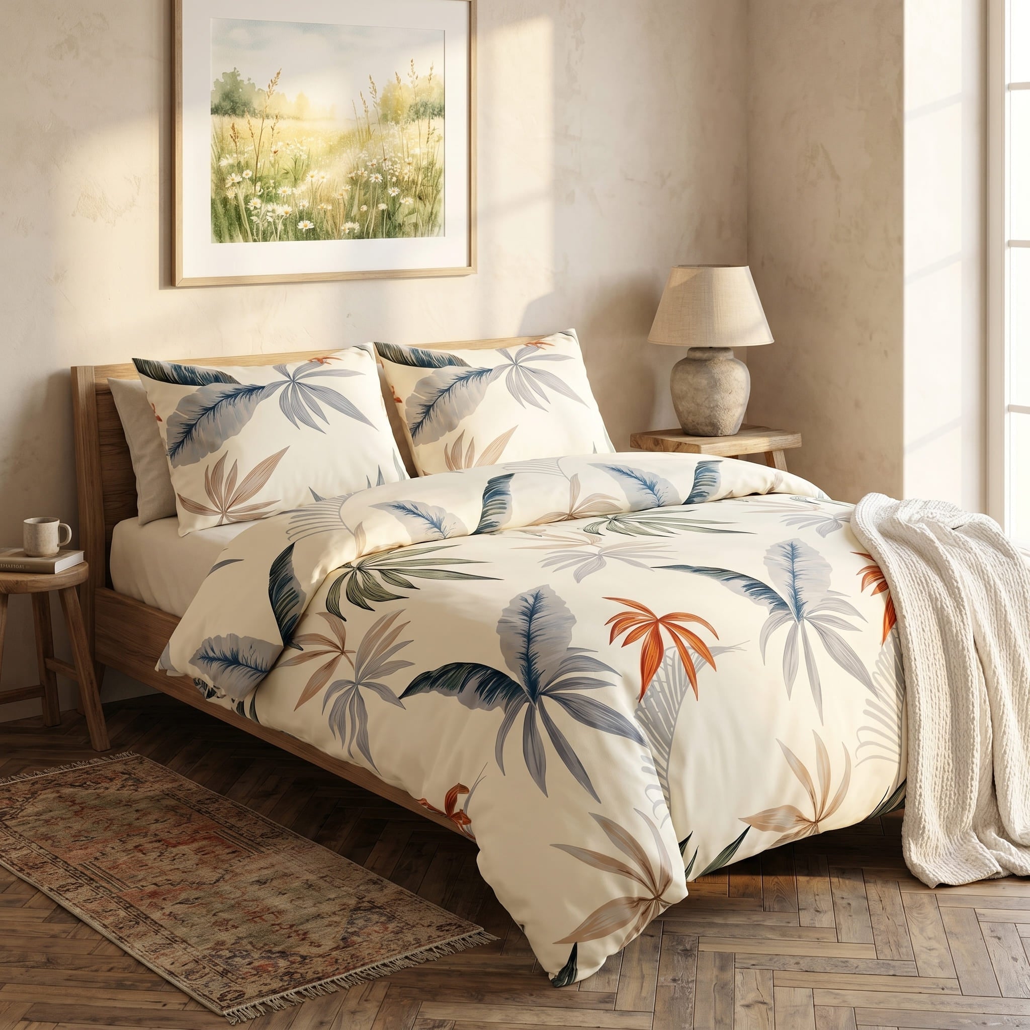 Pościel bawełniana kremowy w liście 200x220 3 el. Tropical Serenade m1593 - Lunatis