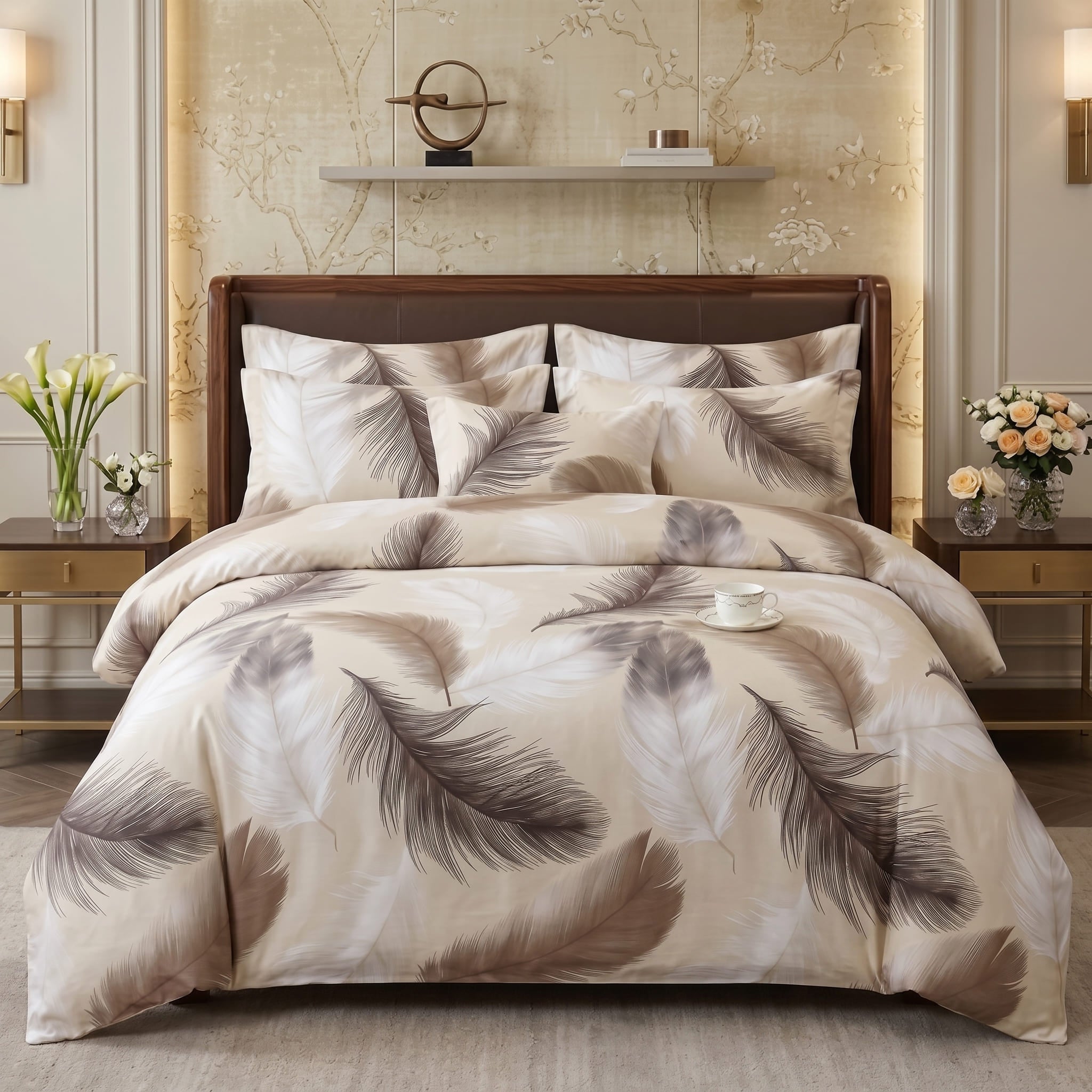 Pościel bawełniana kremowy w pióra 200x220 3 el. Soft Featherline m2062 - Lunatis