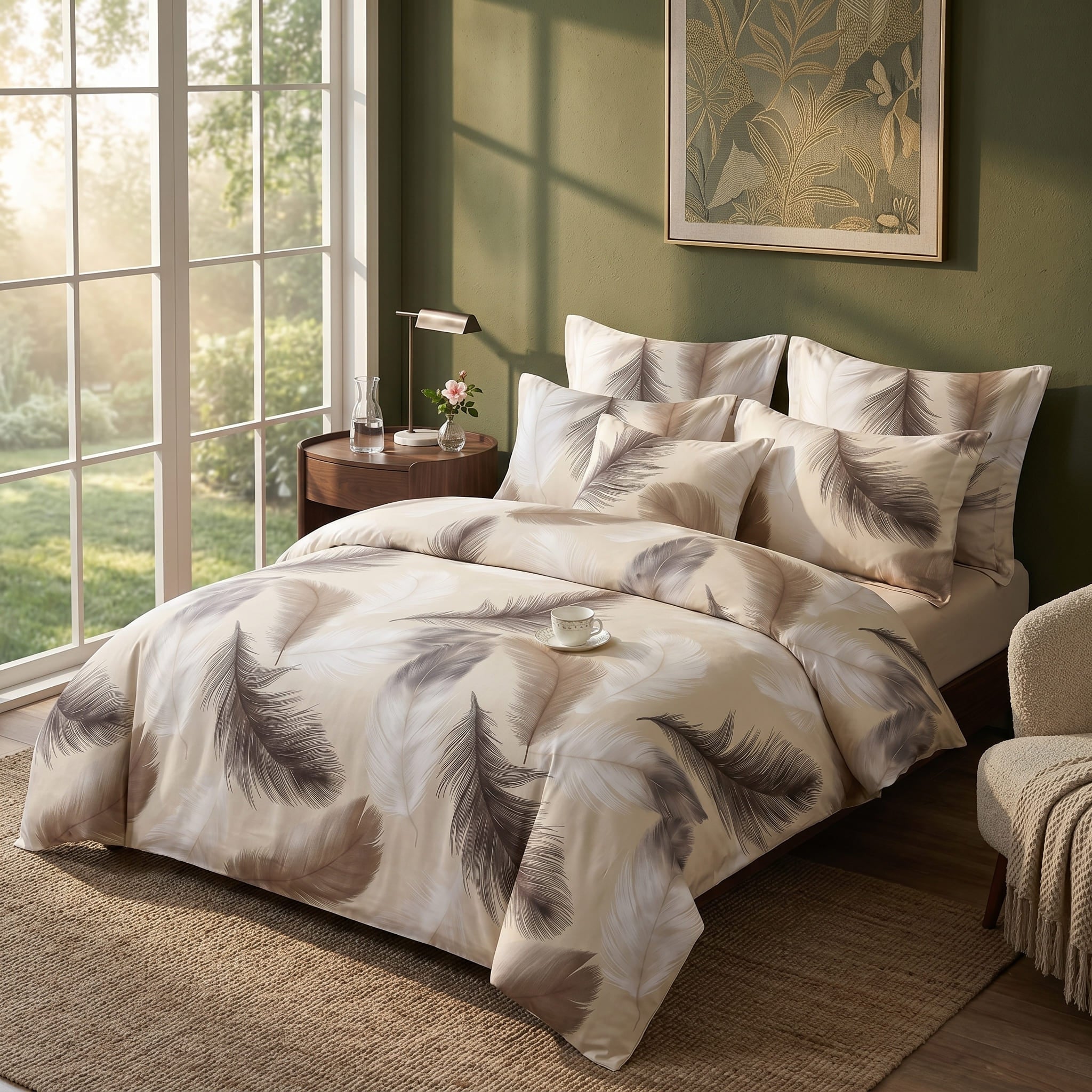 Pościel bawełniana kremowy w pióra 200x220 3 el. Soft Featherline m2062 - Lunatis