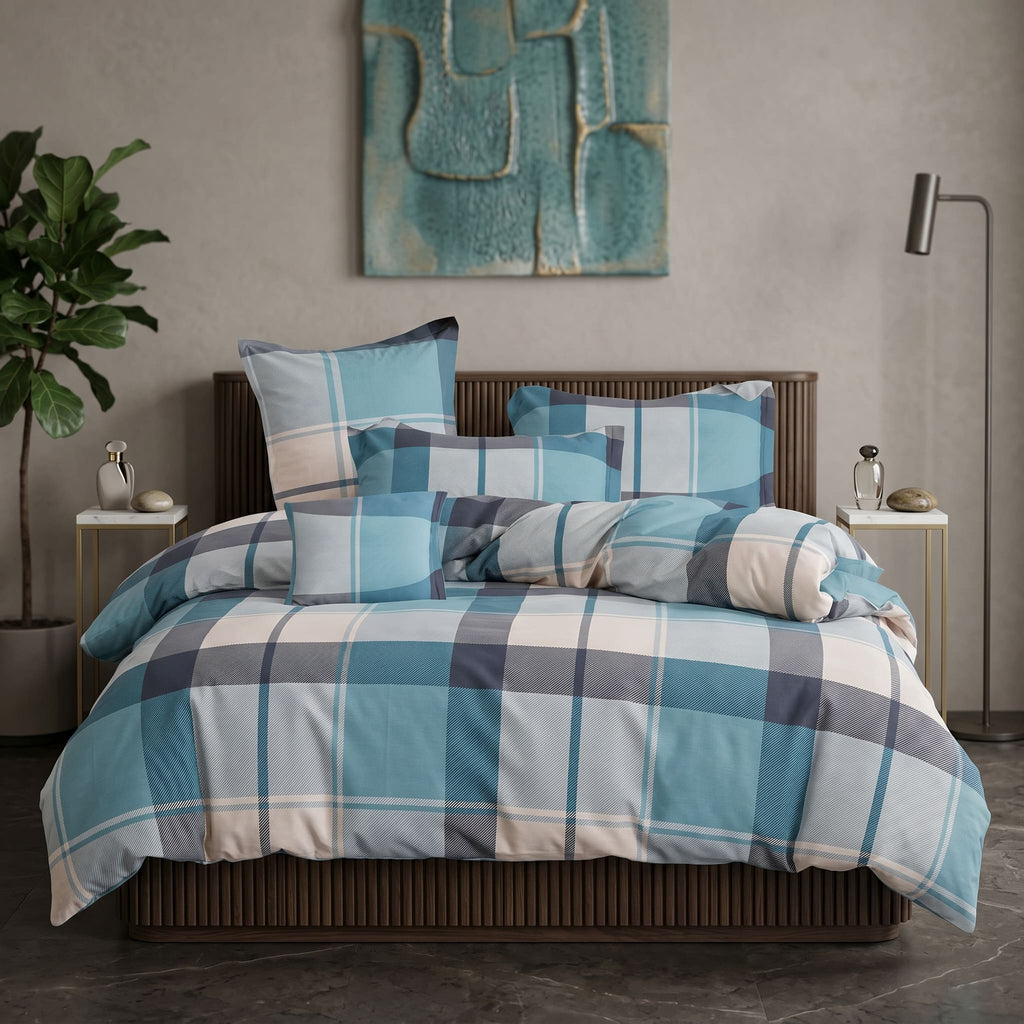 Pościel bawełniana niebieska szara jasna w kratę 200x220 3 el. Azure Tartan Breeze m1869 - Lunatis