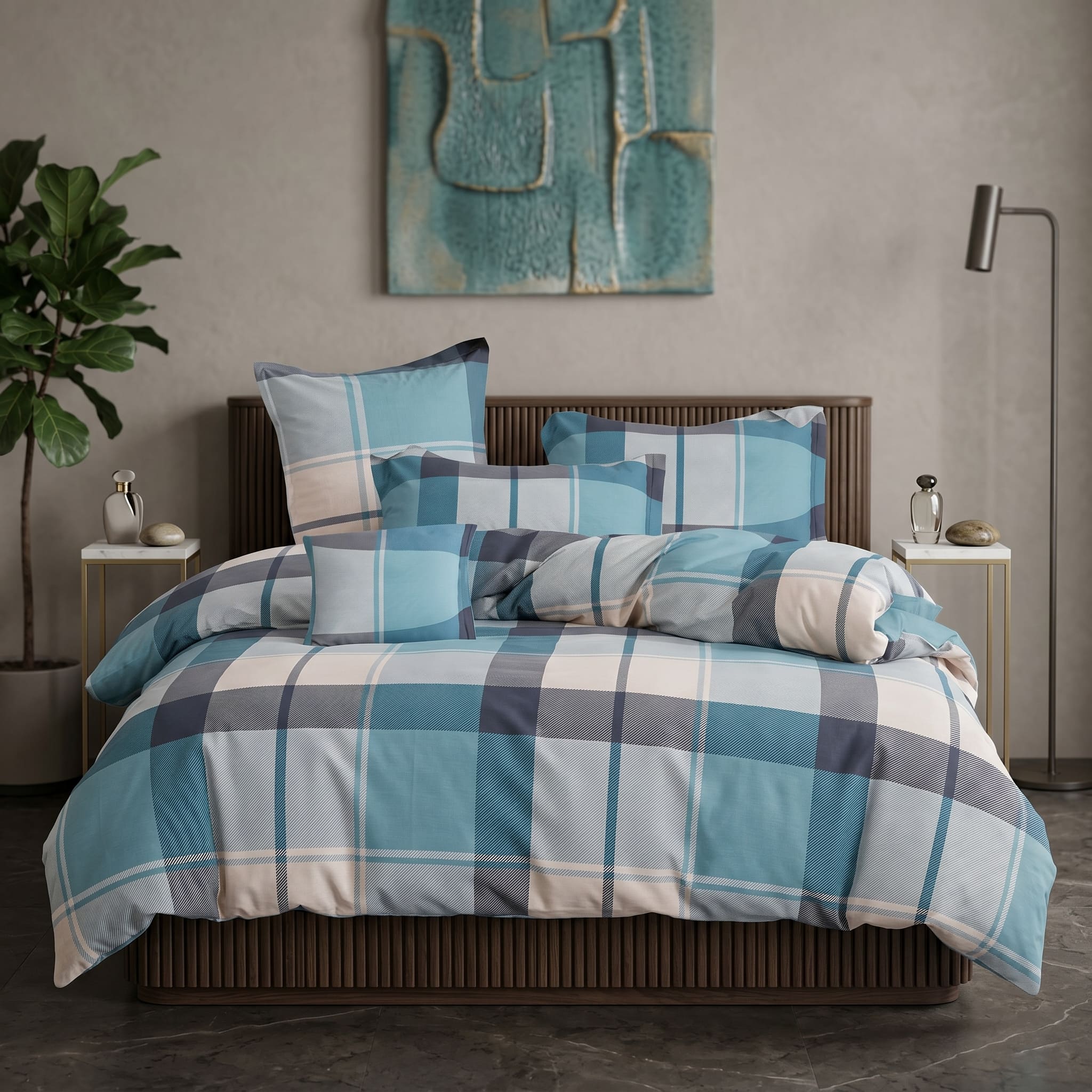 Pościel bawełniana niebieska szara jasna w kratę 200x220 3 el. Azure Tartan Breeze m1869 - Lunatis