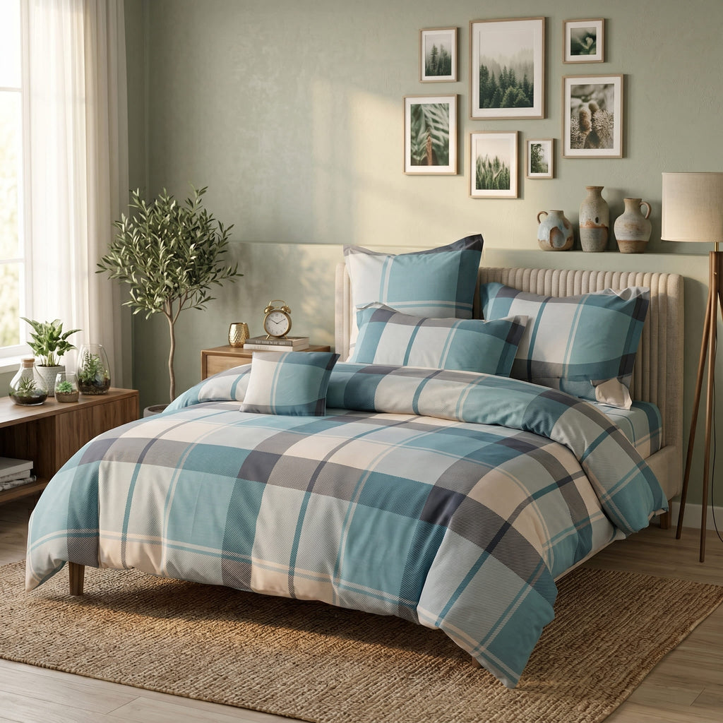 Pościel bawełniana niebieska szara jasna w kratę 200x220 3 el. Azure Tartan Breeze m1869 - Lunatis