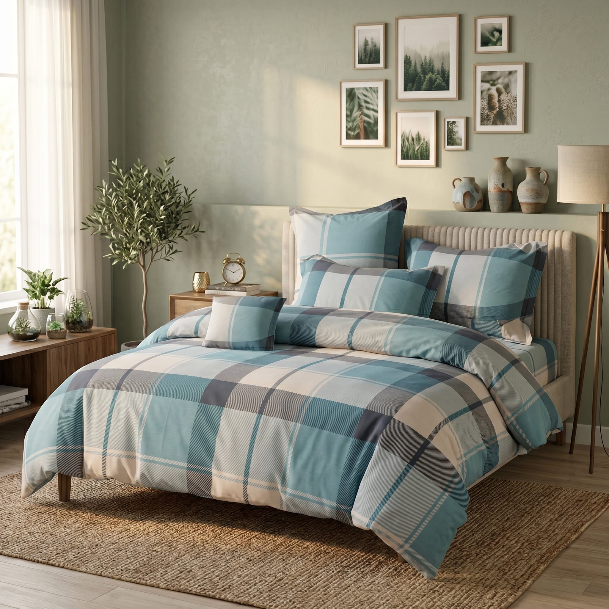 Pościel bawełniana niebieska szara jasna w kratę 200x220 3 el. Azure Tartan Breeze m1869 - Lunatis