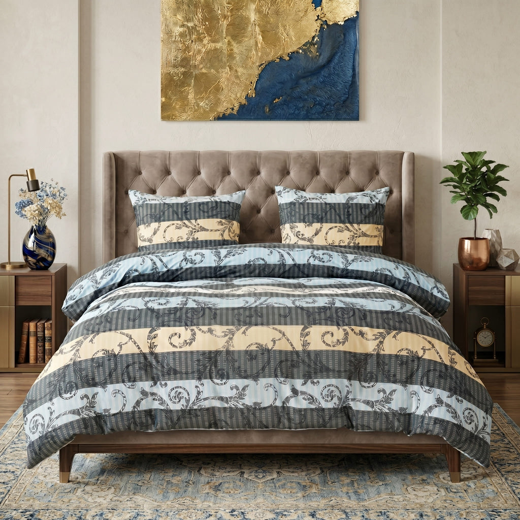 Pościel bawełniana niebieski beżowy szary w ornamenty 160x200 3 el. Royal Verano m1590 - Lunatis
