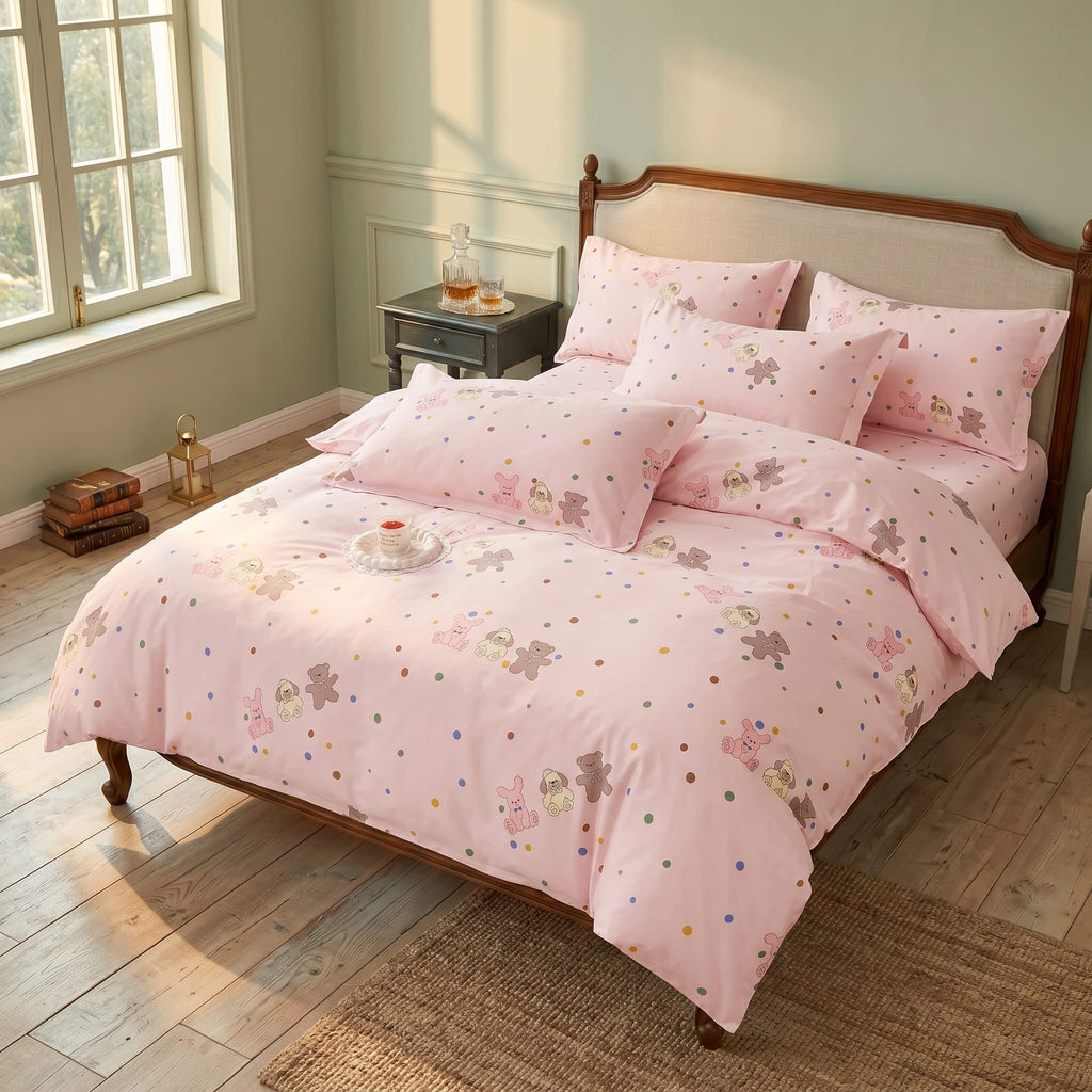 Pościel bawełniana różowa w misie 160x200 3 el. Lunelle Teddy Pink m1853 - Lunatis