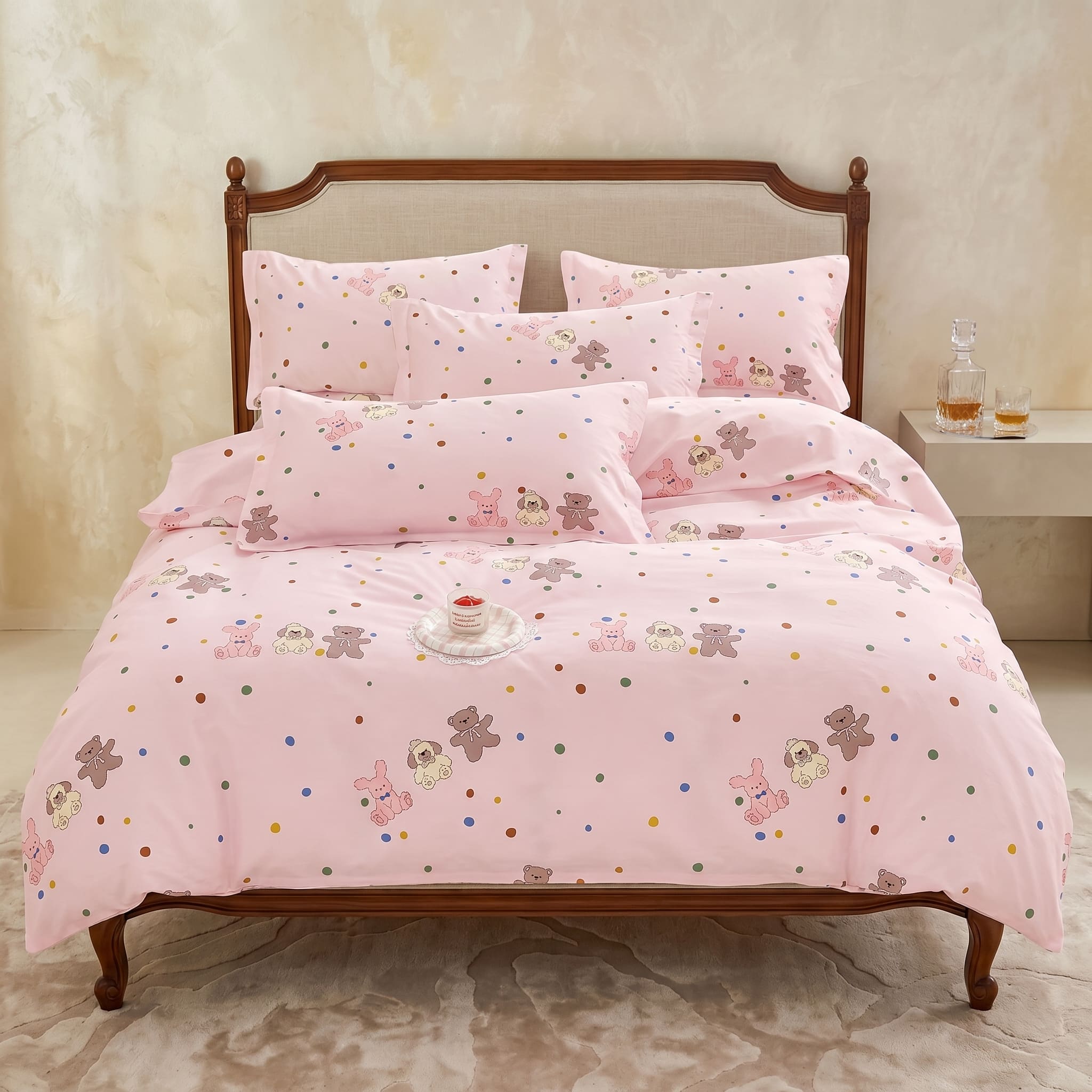Pościel bawełniana różowa w misie 160x200 3 el. Lunelle Teddy Pink m1853 - Lunatis