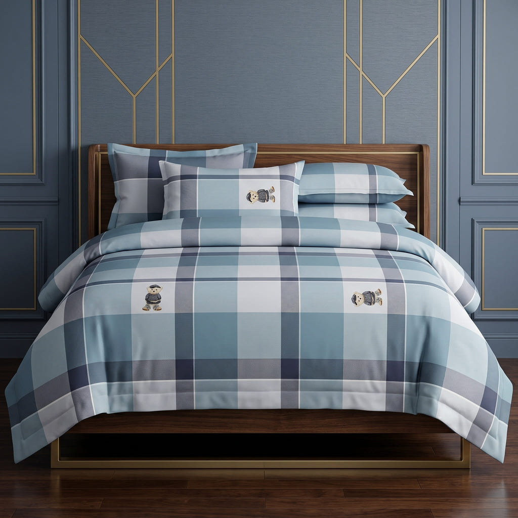 Pościel bawełniana szara niebieska w kratę 200x220 3 el. Nordelier Teddy Blue m1845 - Lunatis