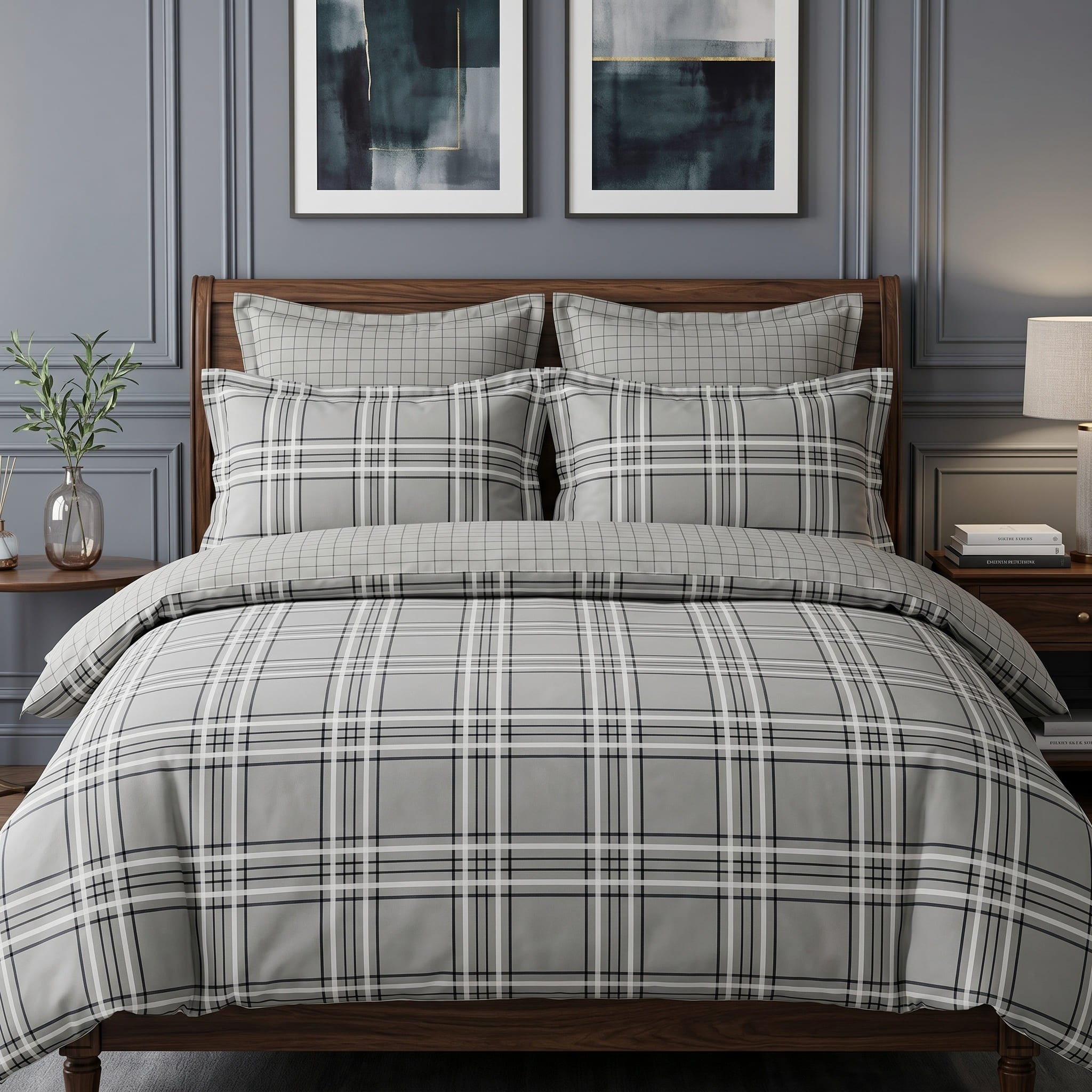 Pościel bawełniana szara w kratę 200x220 3 el. Ashbourne Classic Grid m1772 - Lunatis