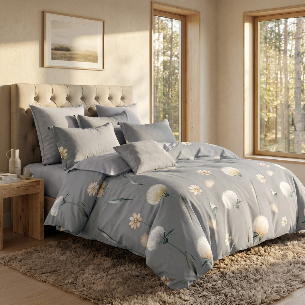 Pościel bawełniana szara w kwiaty dmuchawce 200x220 3 el. Veloria Soft Bloom m1774 - Lunatis