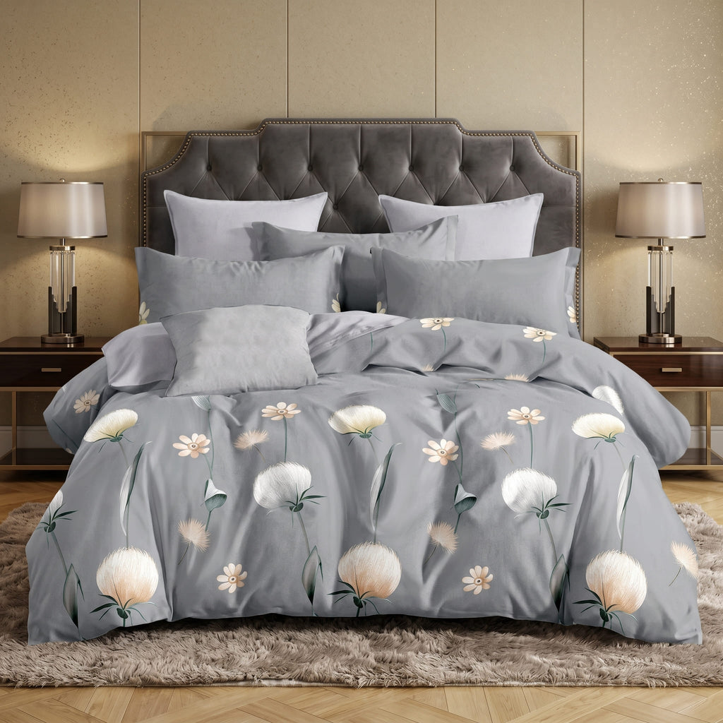 Pościel bawełniana szara w kwiaty dmuchawce 200x220 3 el. Veloria Soft Bloom m1774 - Lunatis