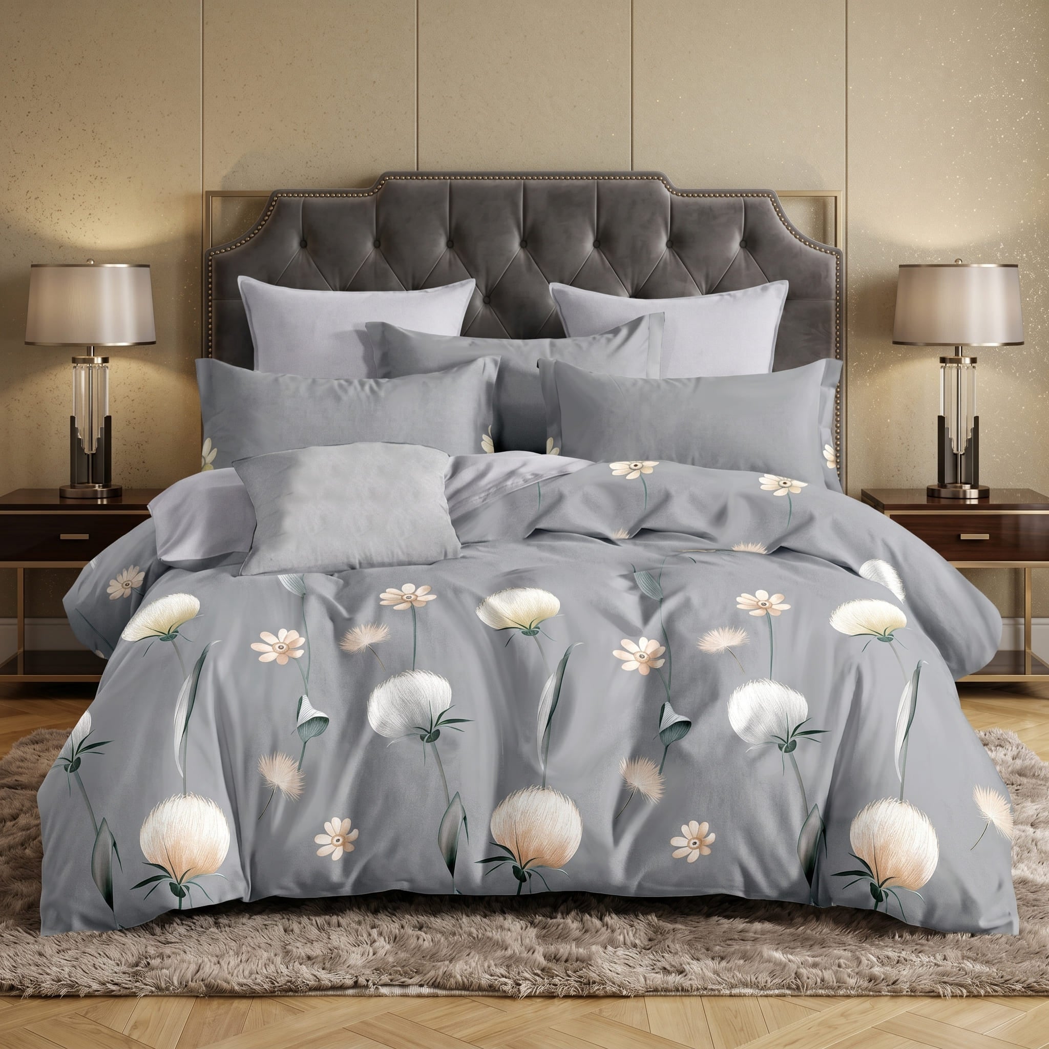 Pościel bawełniana szara w kwiaty dmuchawce 200x220 3 el. Veloria Soft Bloom m1774 - Lunatis