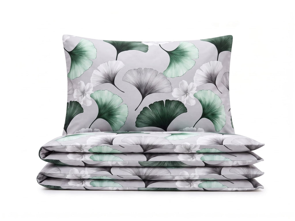 Pościel bawełniana szary w liśćie 160x200 3 el. Emerald Ginkgo m2030 - Lunatis