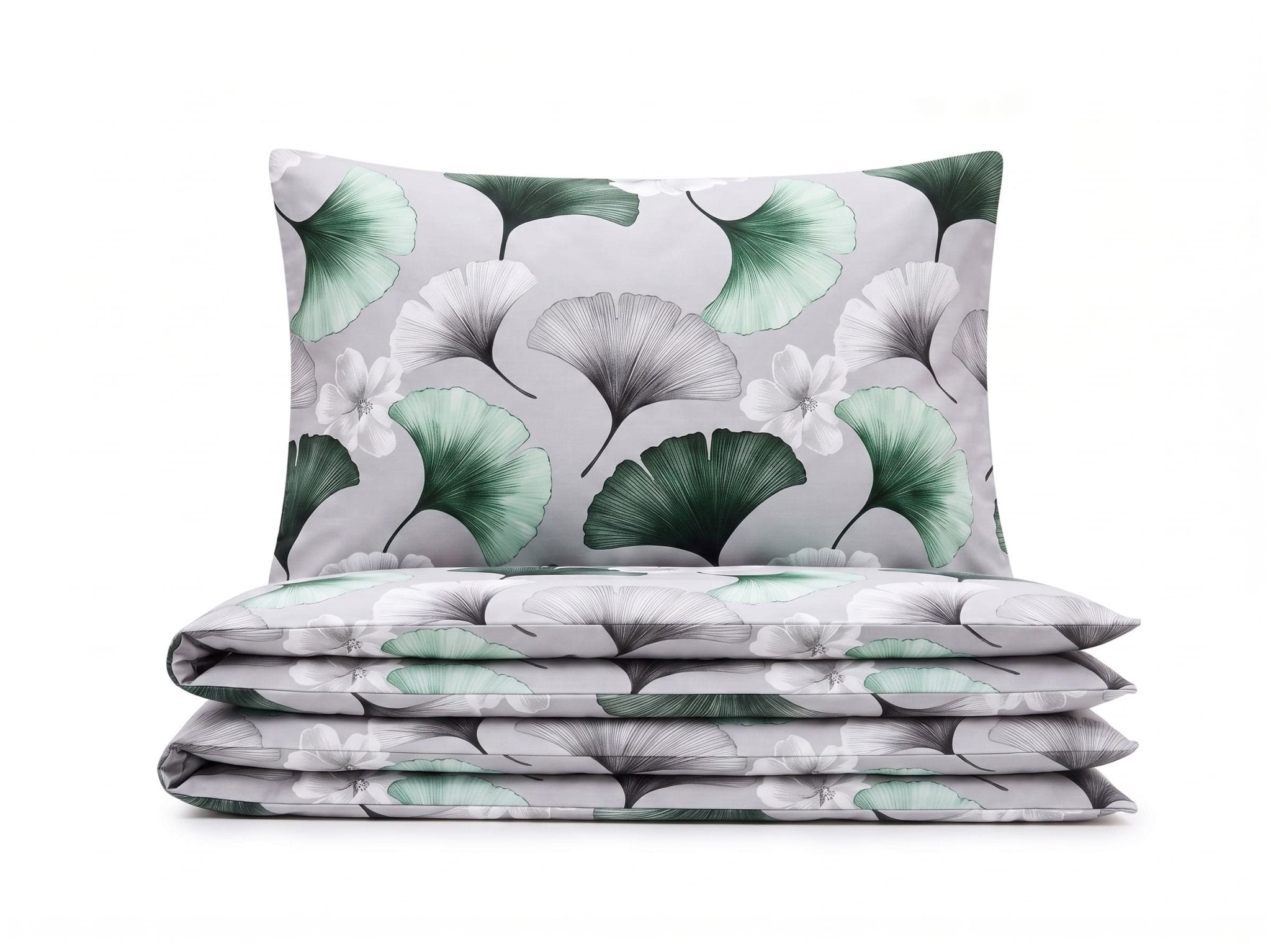 Pościel bawełniana szary w liśćie 160x200 3 el. Emerald Ginkgo m2030 - Lunatis