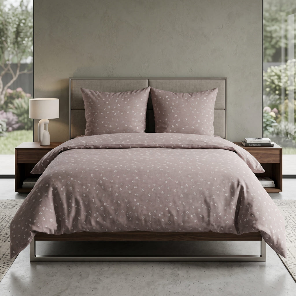 Pościel bawełniana taupe w kwiaty 200x220 3 el. Dusty Whisper m2060 - Lunatis