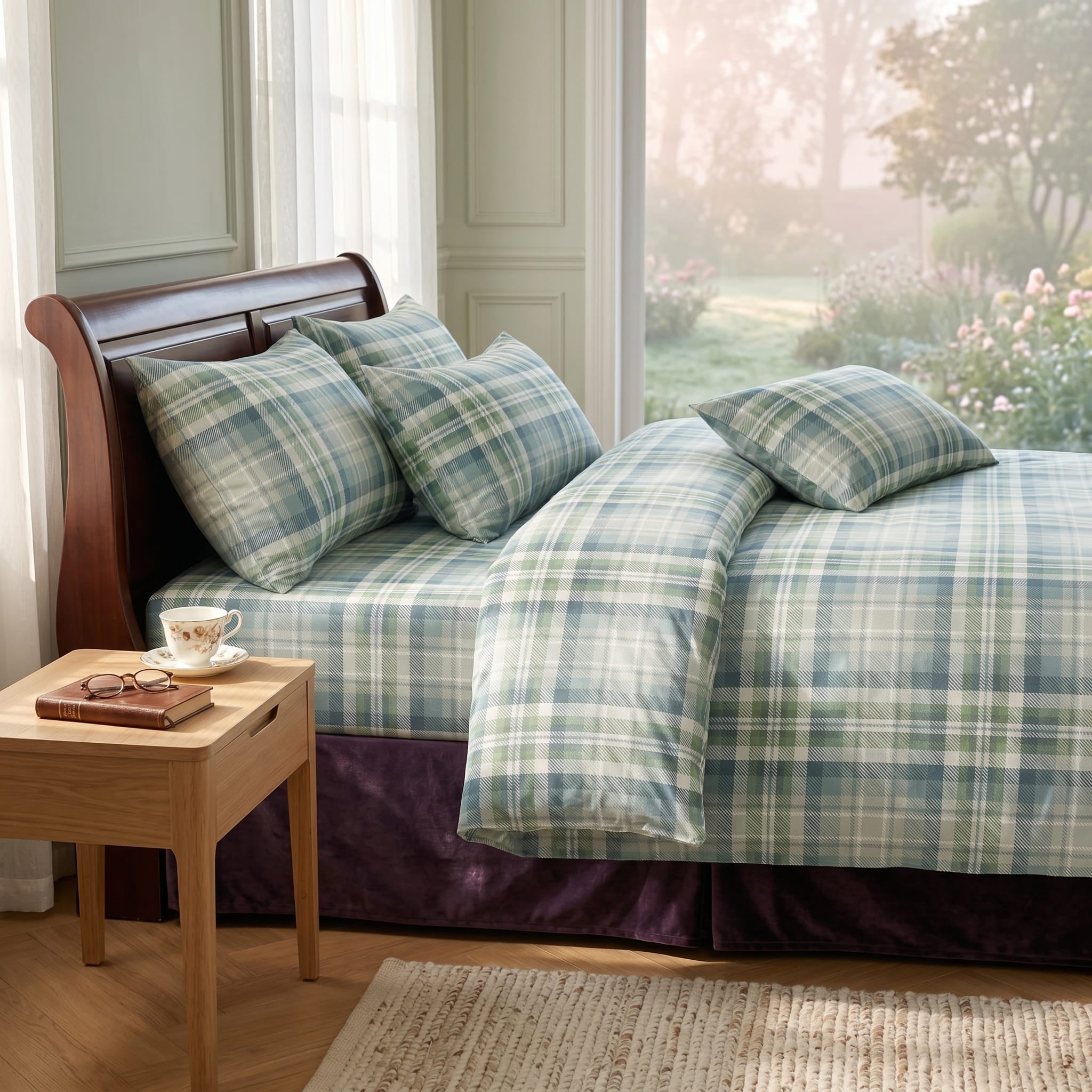 Pościel bawełniana zielona kremowa niebieska w kratę 160x200 3 el. Evermont Heritage Plaid m1795 - Lunatis