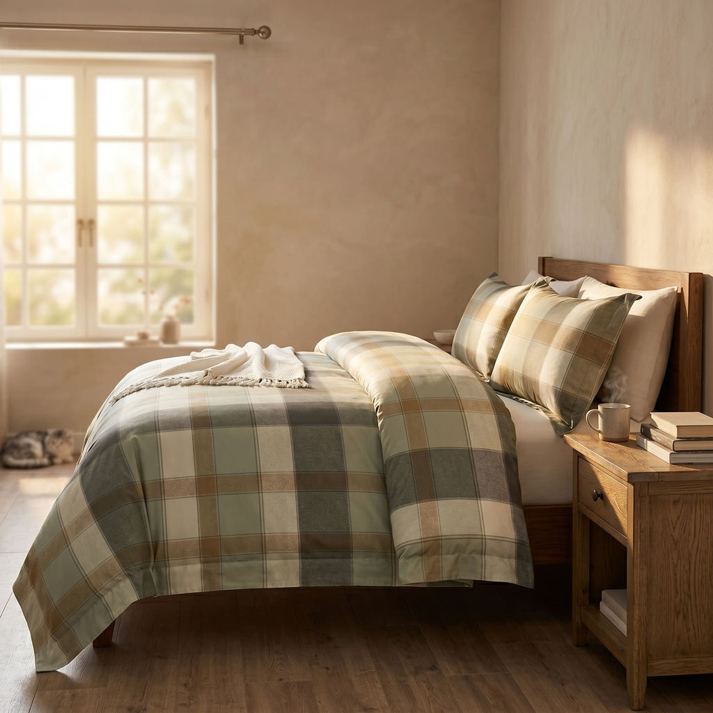 Pościel bawełniana zielona oliwkowa beżowa w kratę 200x220 3 el. Westmore Elegant Plaid m1806 - Lunatis