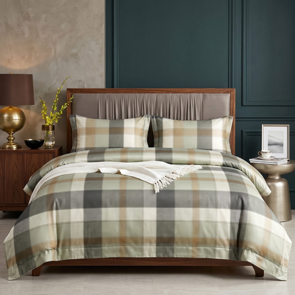 Pościel bawełniana zielona oliwkowa beżowa w kratę 200x220 3 el. Westmore Elegant Plaid m1806 - Lunatis